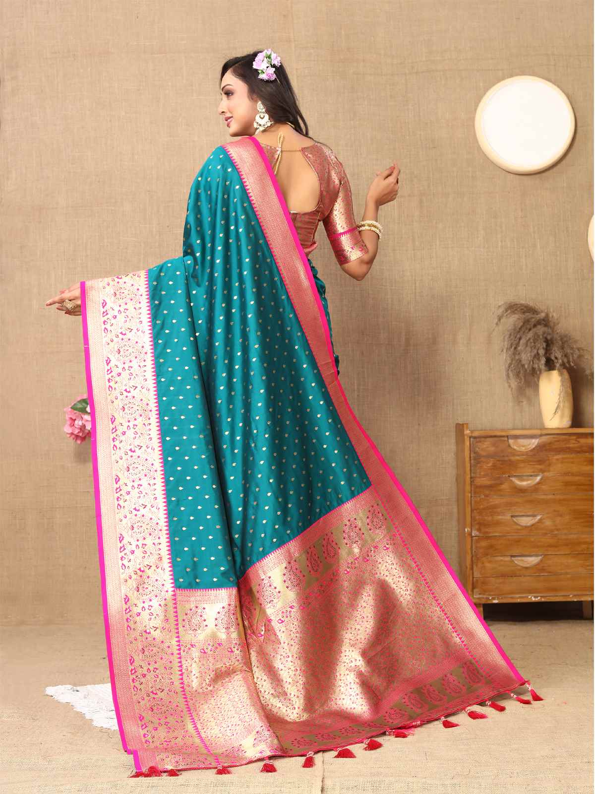 Rama Soft Silk Saree with All-Over Zari Motifs, Contrast Rich Pallu & Brocade Blouse