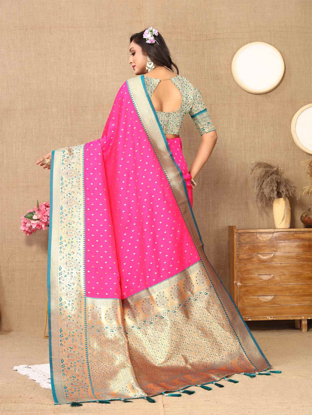 Rani Pink Soft Silk Saree with All-Over Zari Motifs, Contrast Rich Pallu & Brocade Blouse