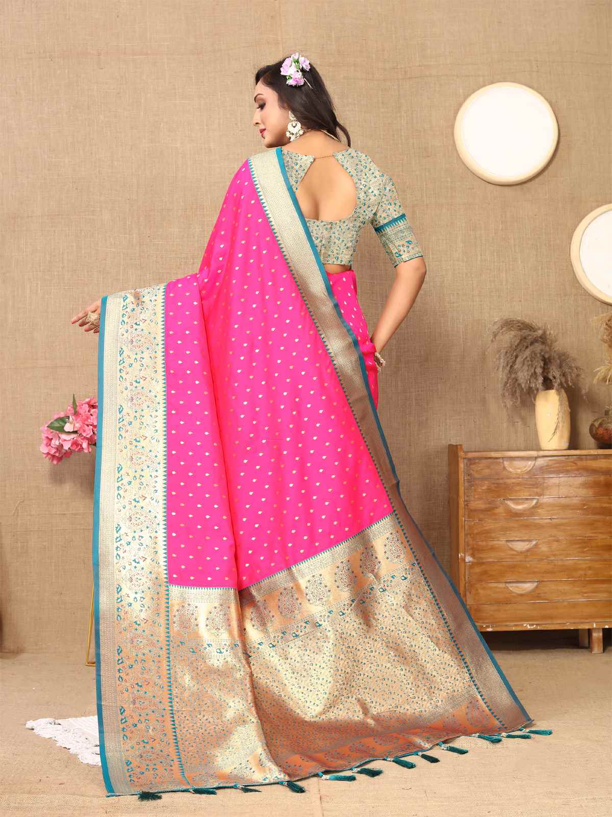 Rani Pink Soft Silk Saree with All-Over Zari Motifs, Contrast Rich Pallu & Brocade Blouse