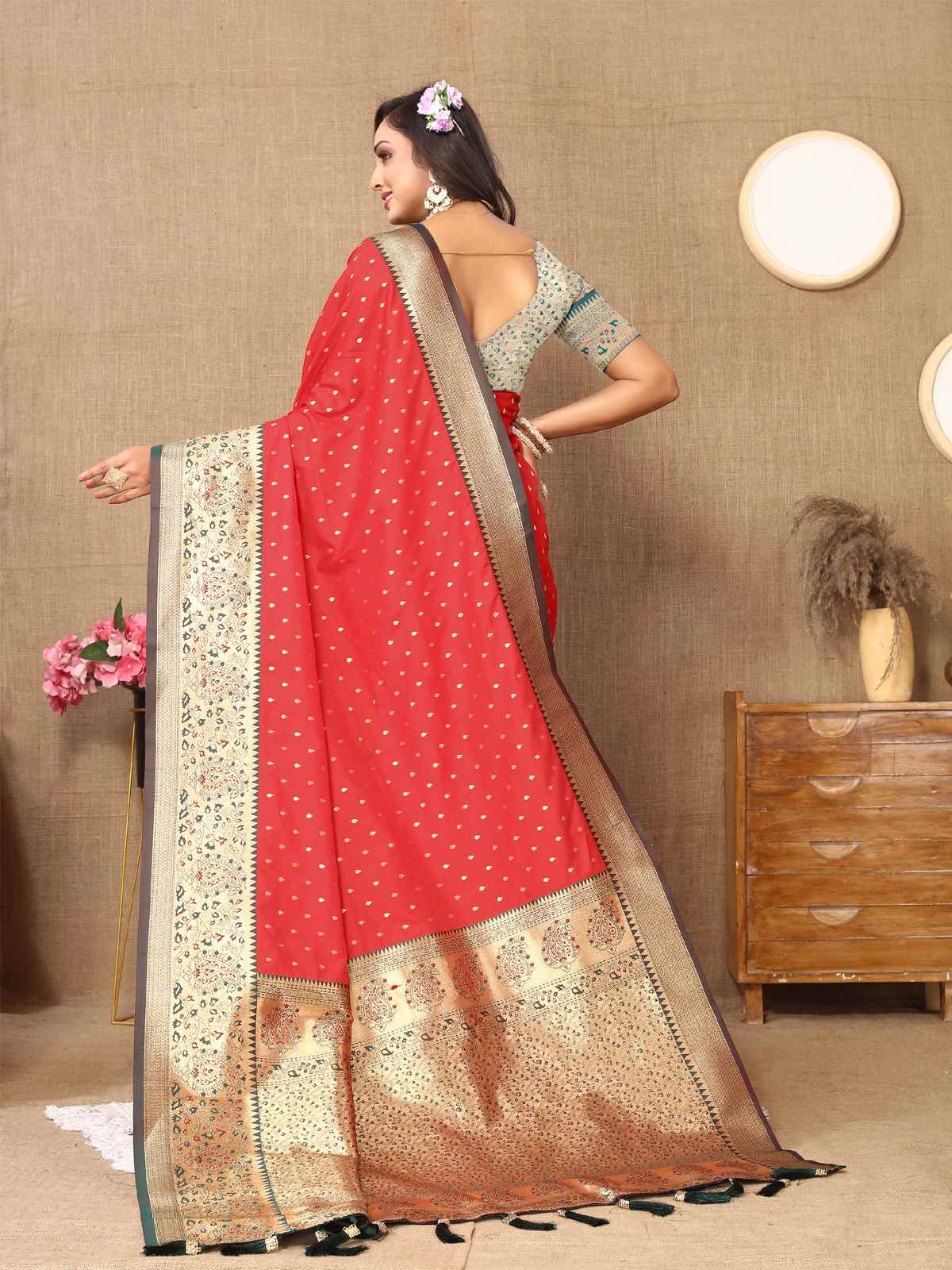 Red Soft Silk Saree with All-Over Zari Motifs, Contrast Rich Pallu & Brocade Blouse