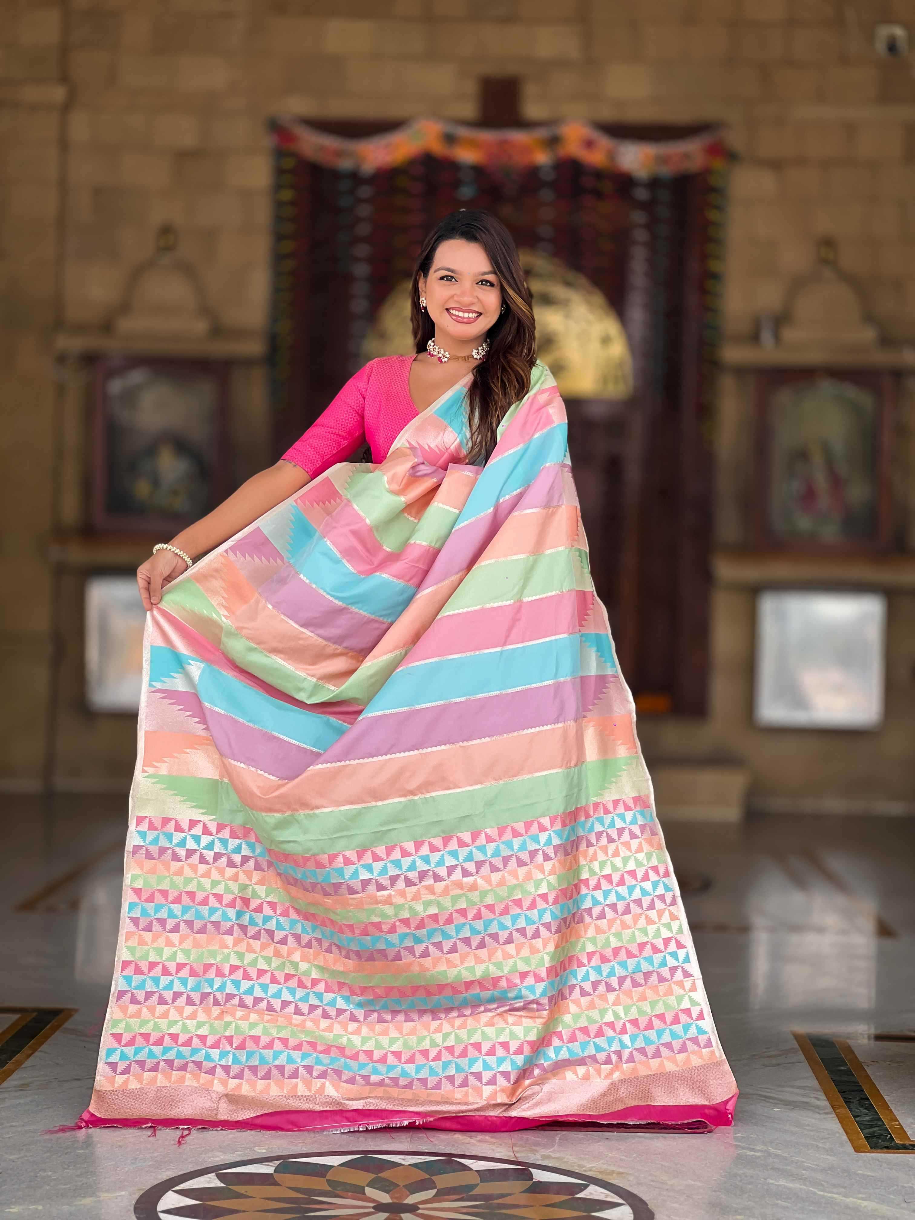 Multi Soft kanjivaram paithani silk saree with zari weaving Meenakari design all over the saree & Meenakari weawing Rich pallu with Meenakari weawing swan border & tessels attached at Pallu End. Blouse :- Soft silk weawing blouse piece