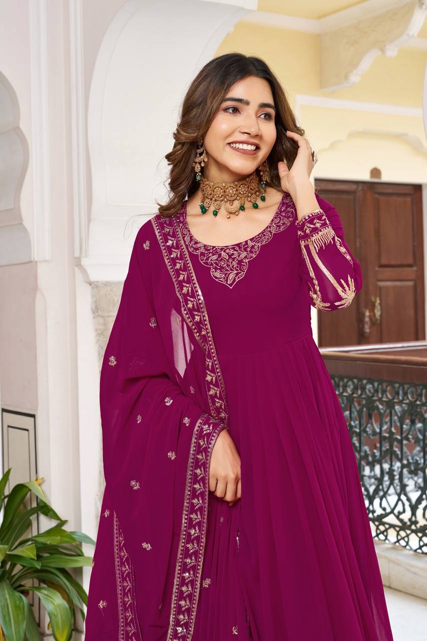 Pink Georgette Anarkali Embroidered Gown Set With Dupatta & Pant