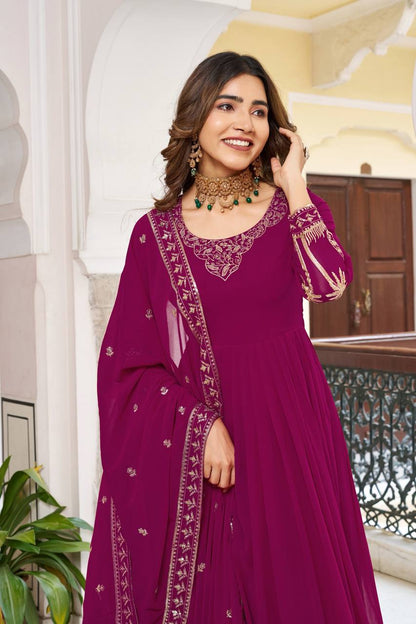 Pink Georgette Anarkali Embroidered Gown Set With Dupatta & Pant