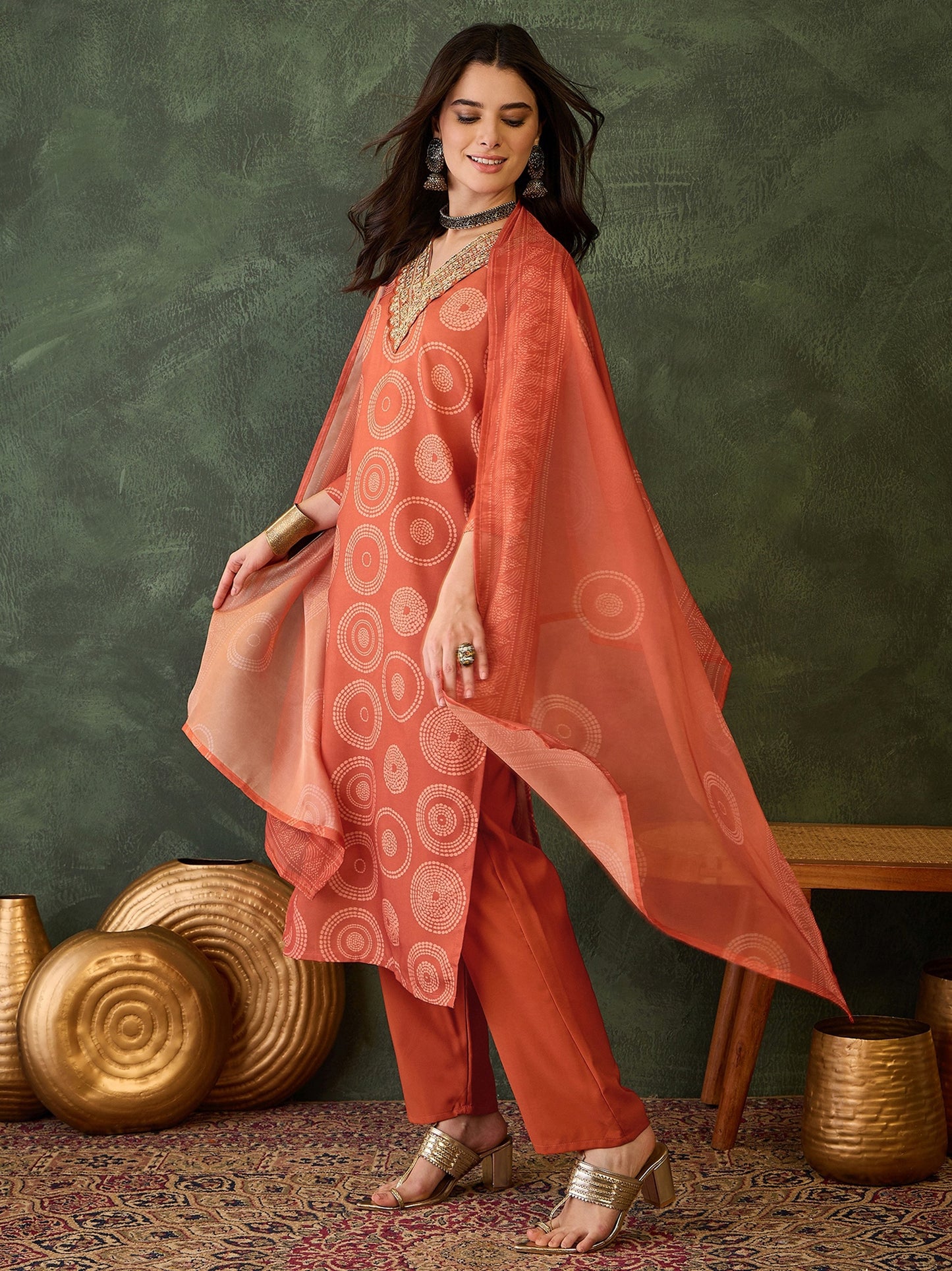 Orange Printed Kurta Set with Dupatta