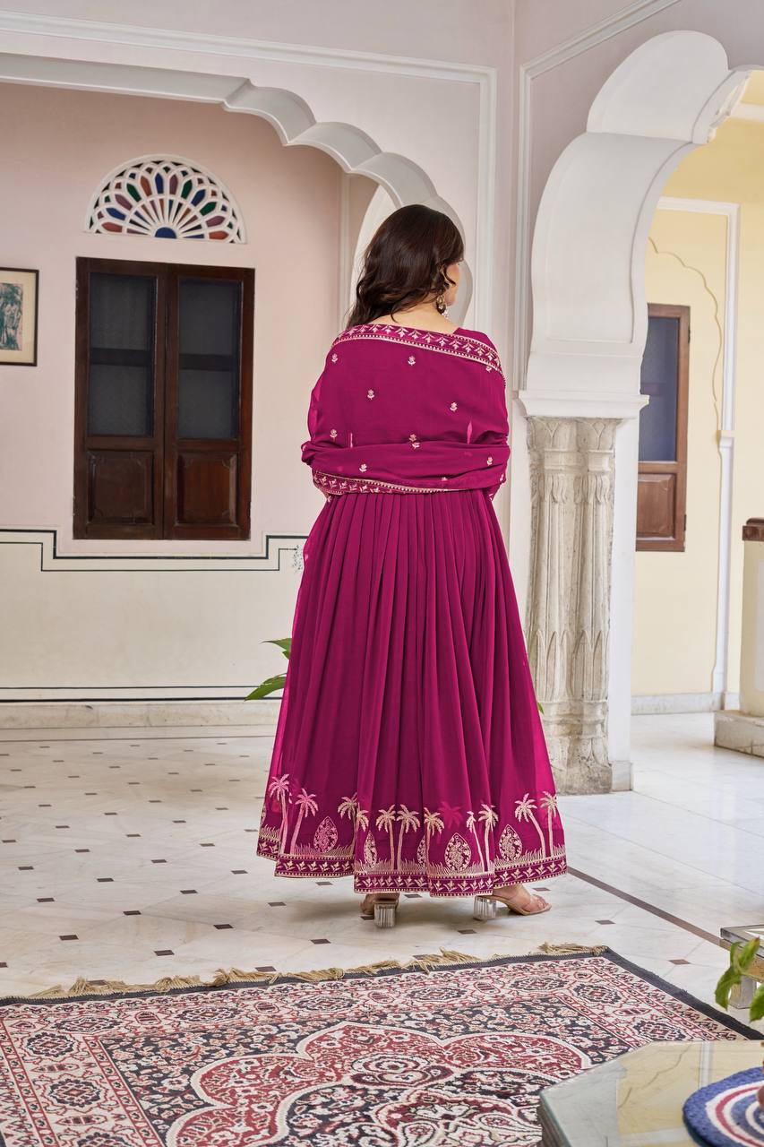 Pink Georgette Anarkali Embroidered Gown Set With Dupatta & Pant