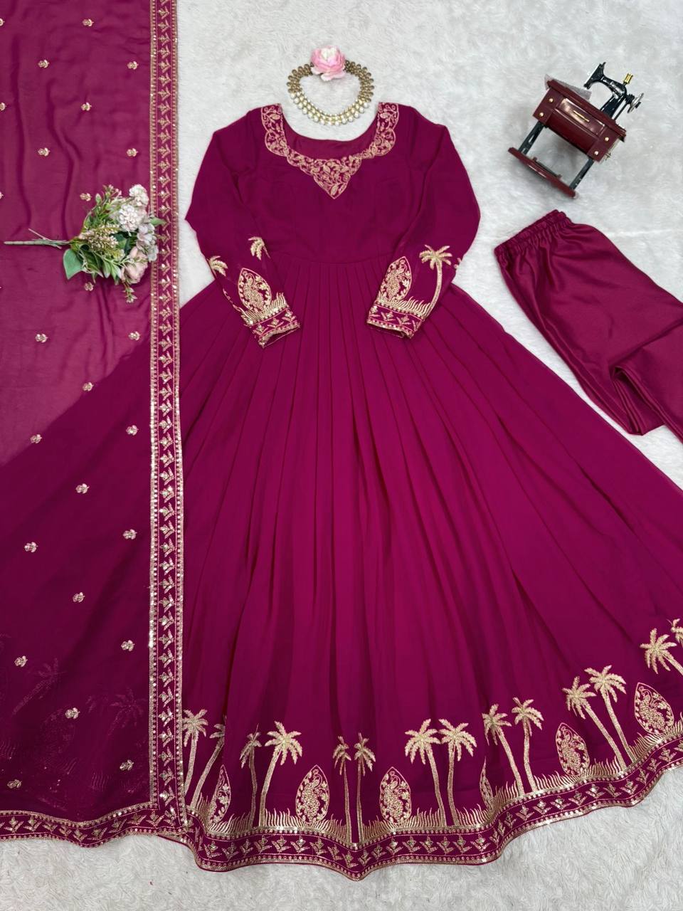 Pink Georgette Anarkali Embroidered Gown Set With Dupatta & Pant