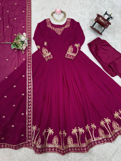 Pink Georgette Anarkali Embroidered Gown Set With Dupatta & Pant