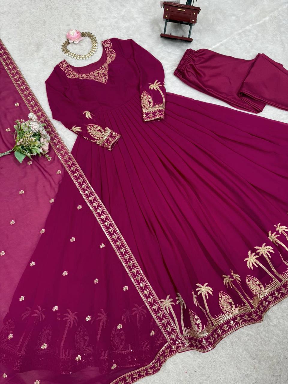 Pink Georgette Anarkali Embroidered Gown Set With Dupatta & Pant