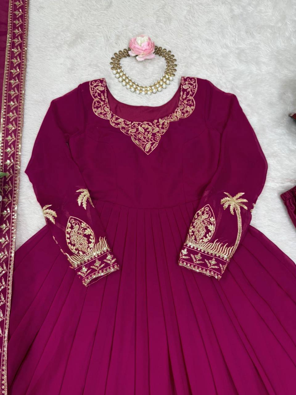 Pink Georgette Anarkali Embroidered Gown Set With Dupatta & Pant