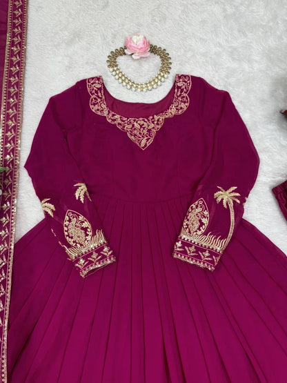 Pink Georgette Anarkali Embroidered Gown Set With Dupatta & Pant
