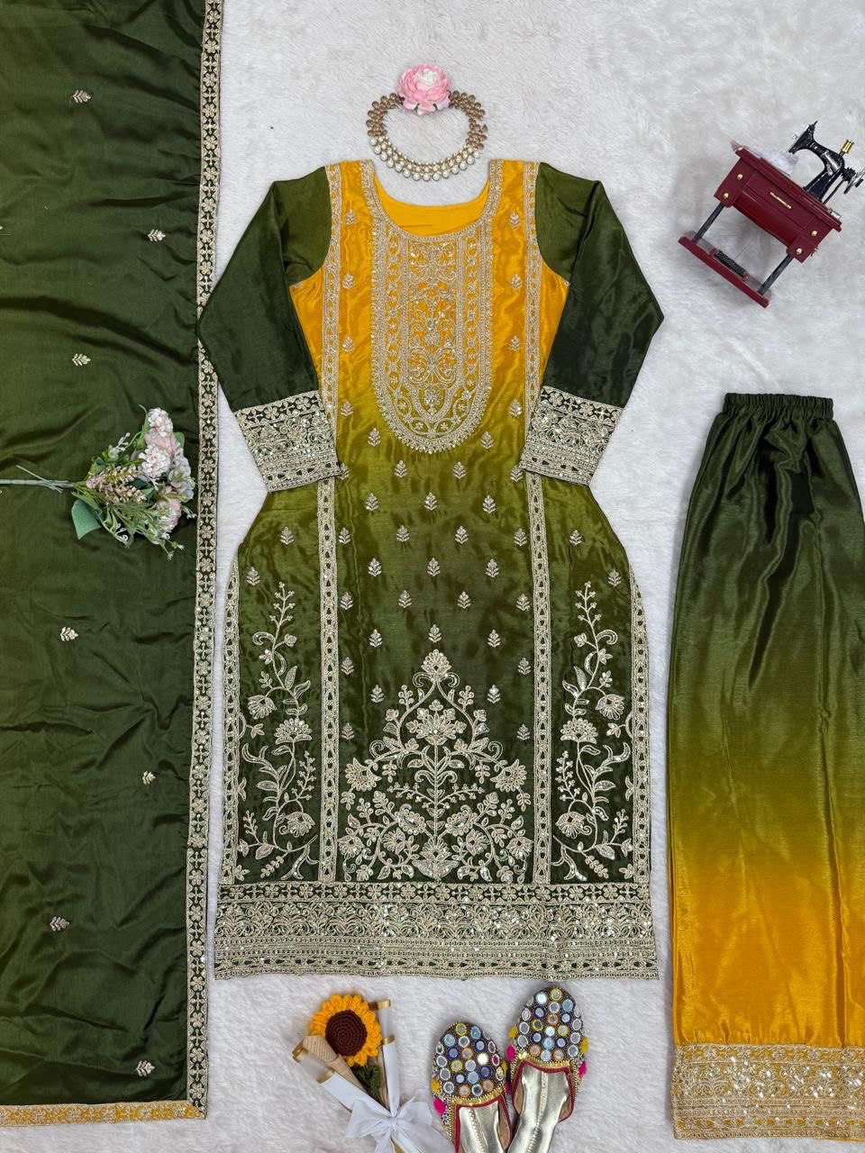 Elegant Green Embroidered Kurta set with Intricate Zari Work And Matching Dupatta