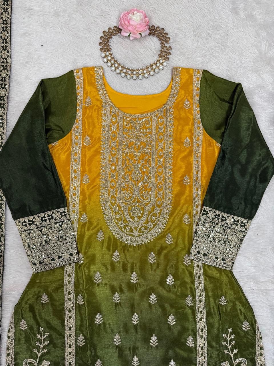 Elegant Green Embroidered Kurta set with Intricate Zari Work And Matching Dupatta