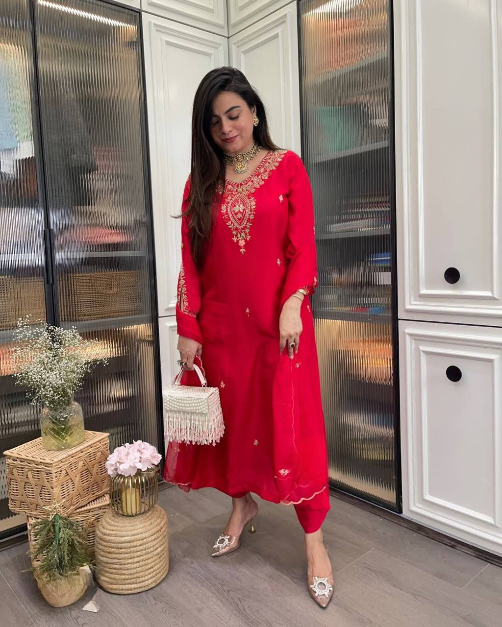 Women’s Red Designer Rayon Kurta Set with Embroidery & Sheer Organza Dupatta