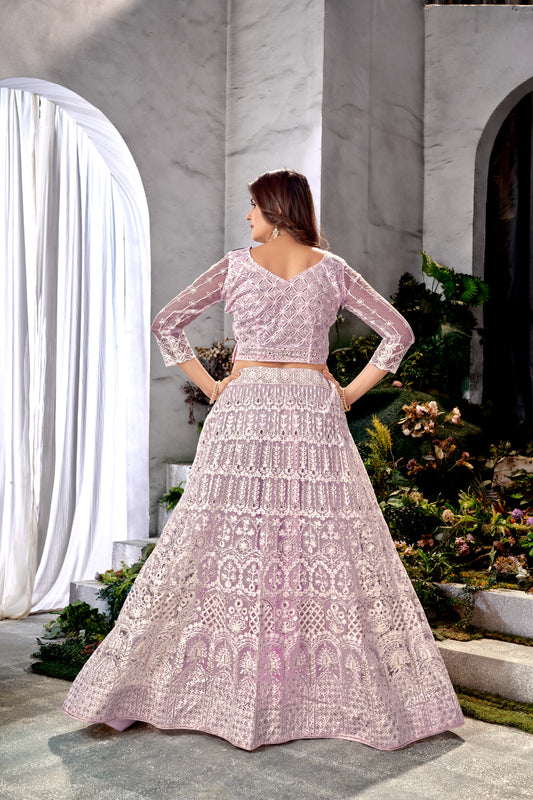 Lavender Net Lehenga Choli with Beautiful Embroidery – Elegant Ethnic Wear for Weddings & Parties
