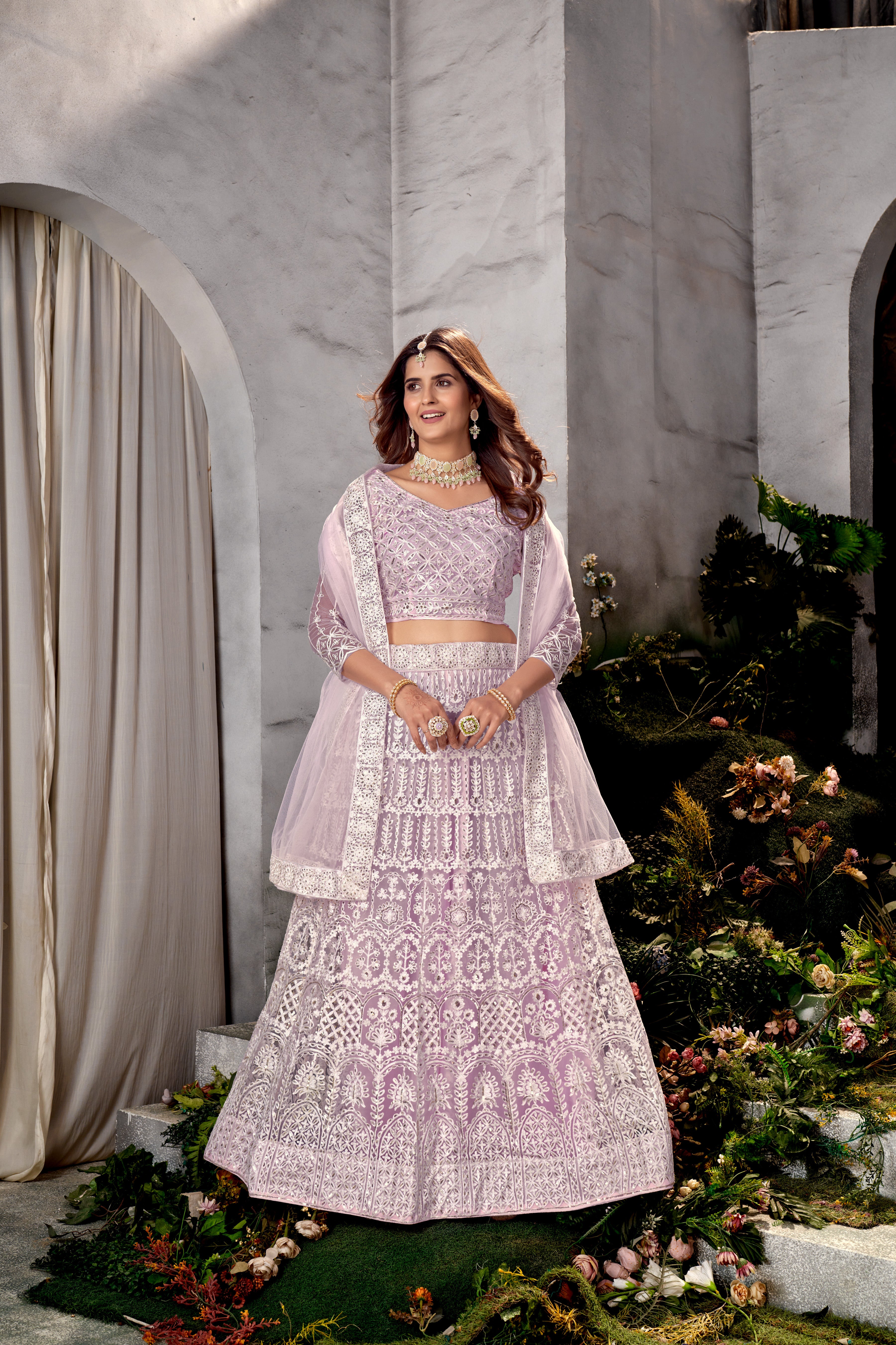 Lavender Net Lehenga Choli with Beautiful Embroidery – Elegant Ethnic Wear for Weddings & Parties