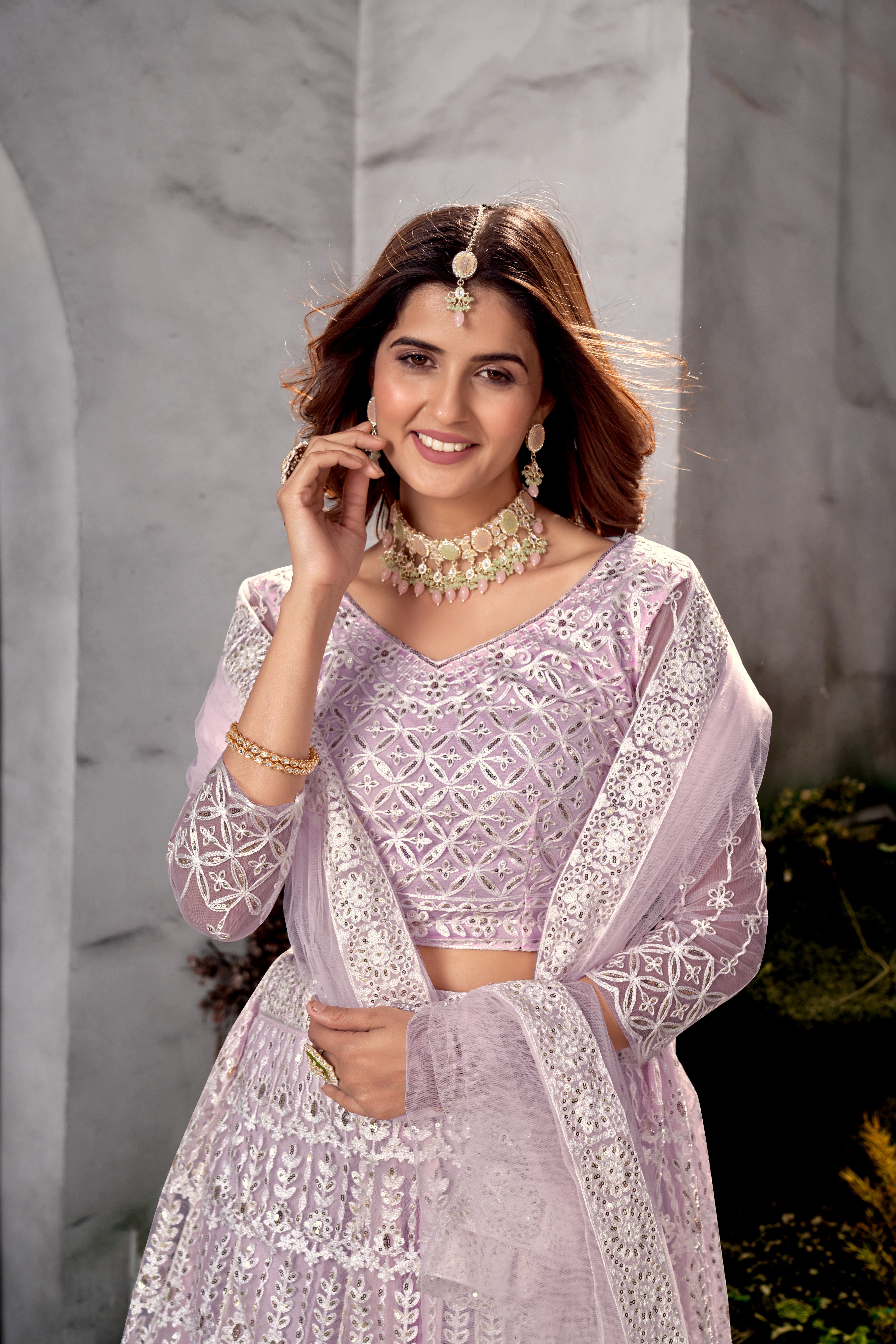 Lavender Net Lehenga Choli with Beautiful Embroidery – Elegant Ethnic Wear for Weddings & Parties