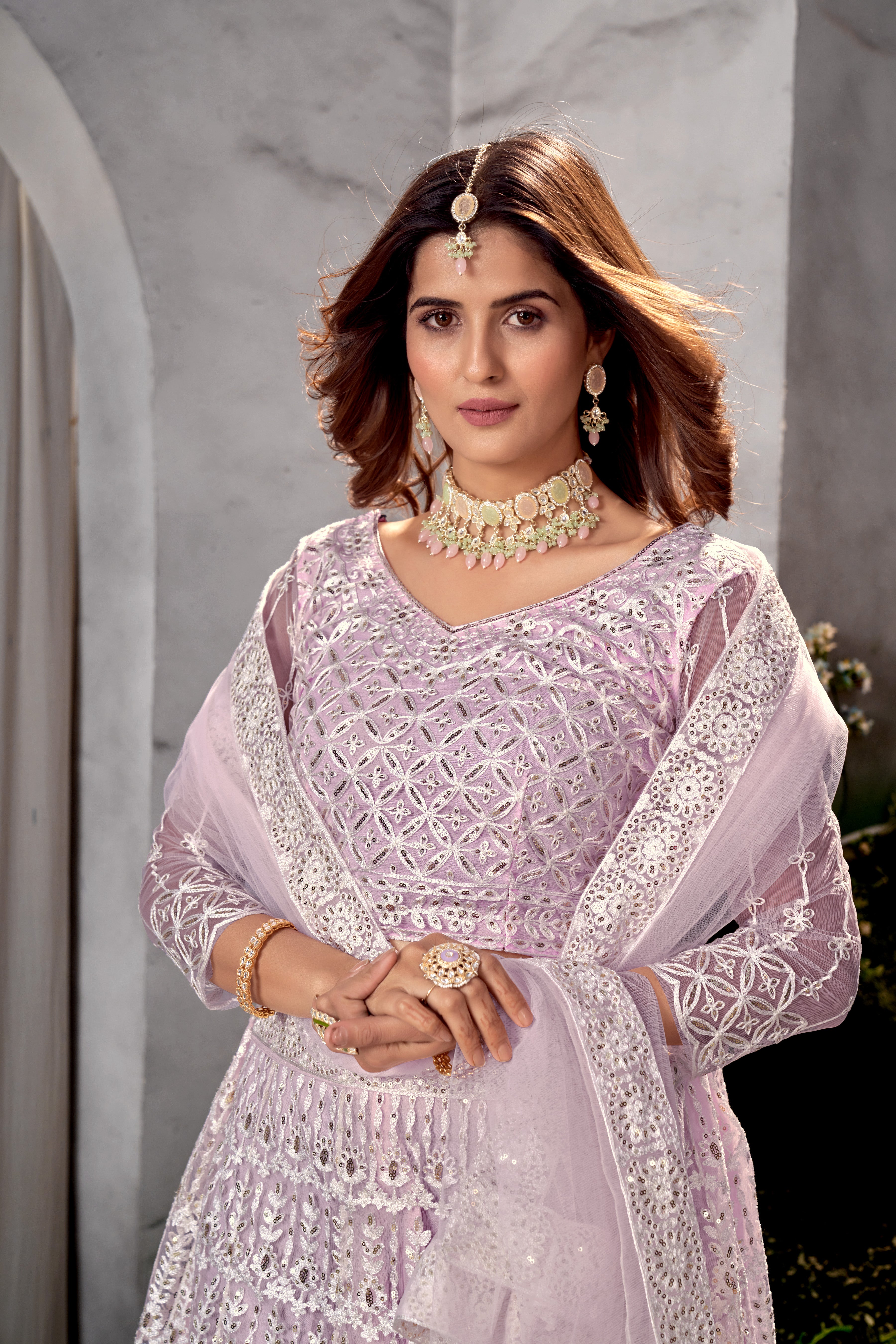 Lavender Net Lehenga Choli with Beautiful Embroidery – Elegant Ethnic Wear for Weddings & Parties