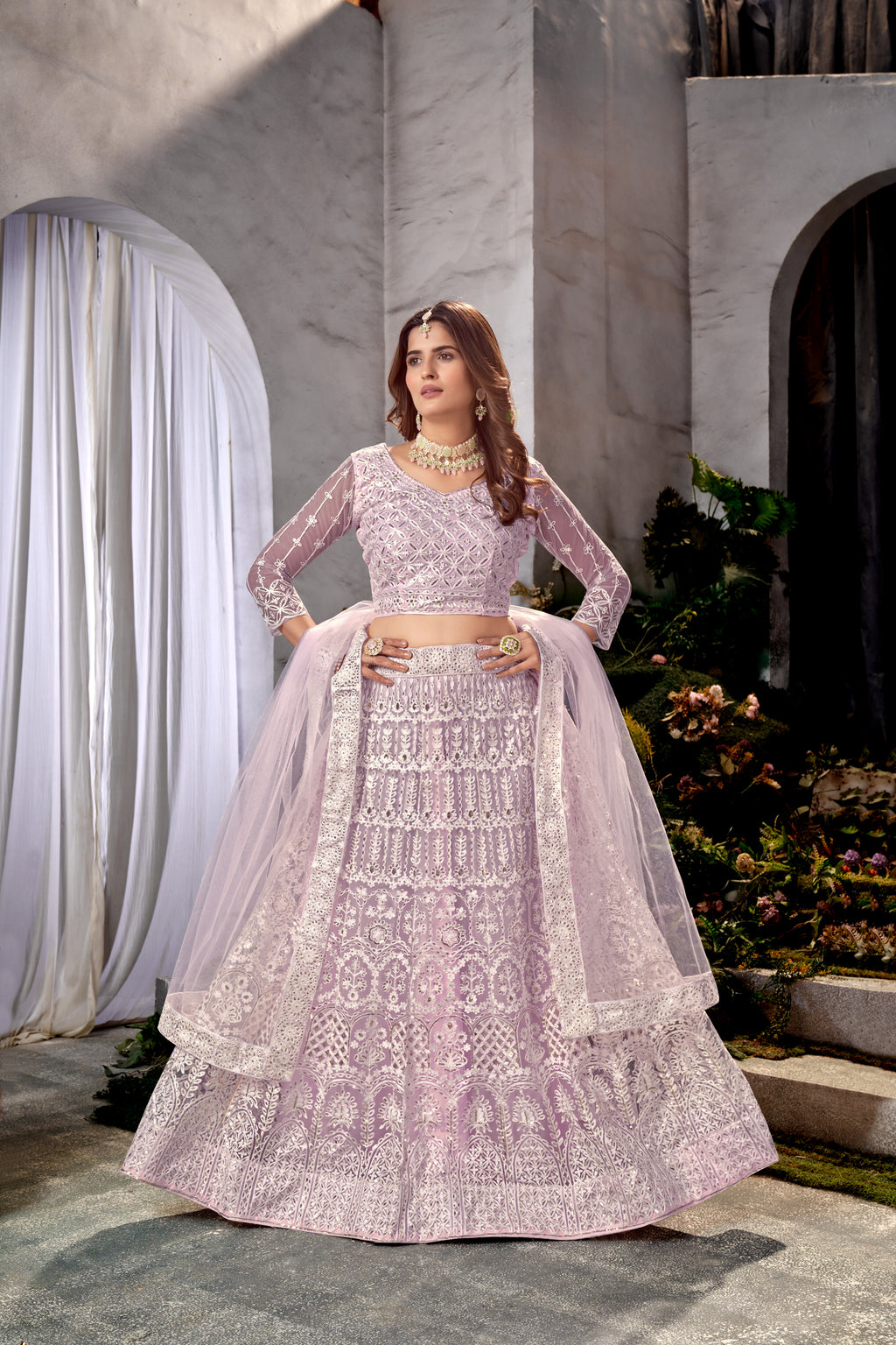 Lavender Net Lehenga Choli with Beautiful Embroidery – Elegant Ethnic Wear for Weddings & Parties