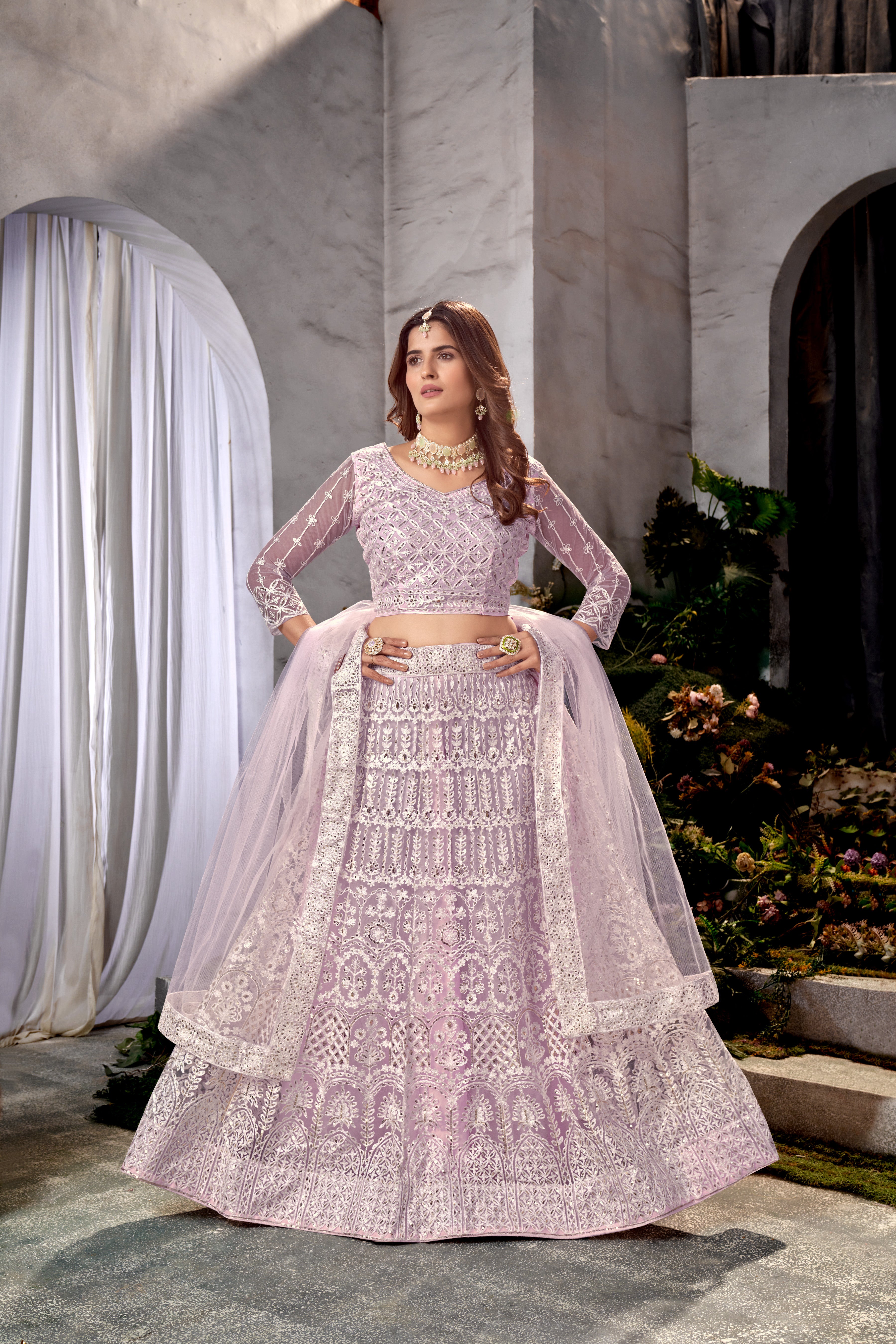 Lavender Net Lehenga Choli with Beautiful Embroidery – Elegant Ethnic Wear for Weddings & Parties