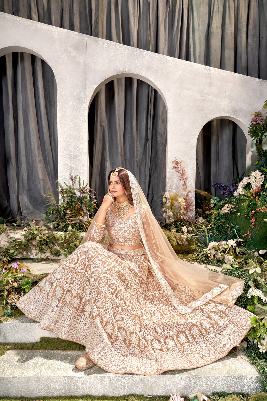 Beige Net Lehenga Choli with Beautiful Embroidery – Elegant Ethnic Wear for Weddings & Parties