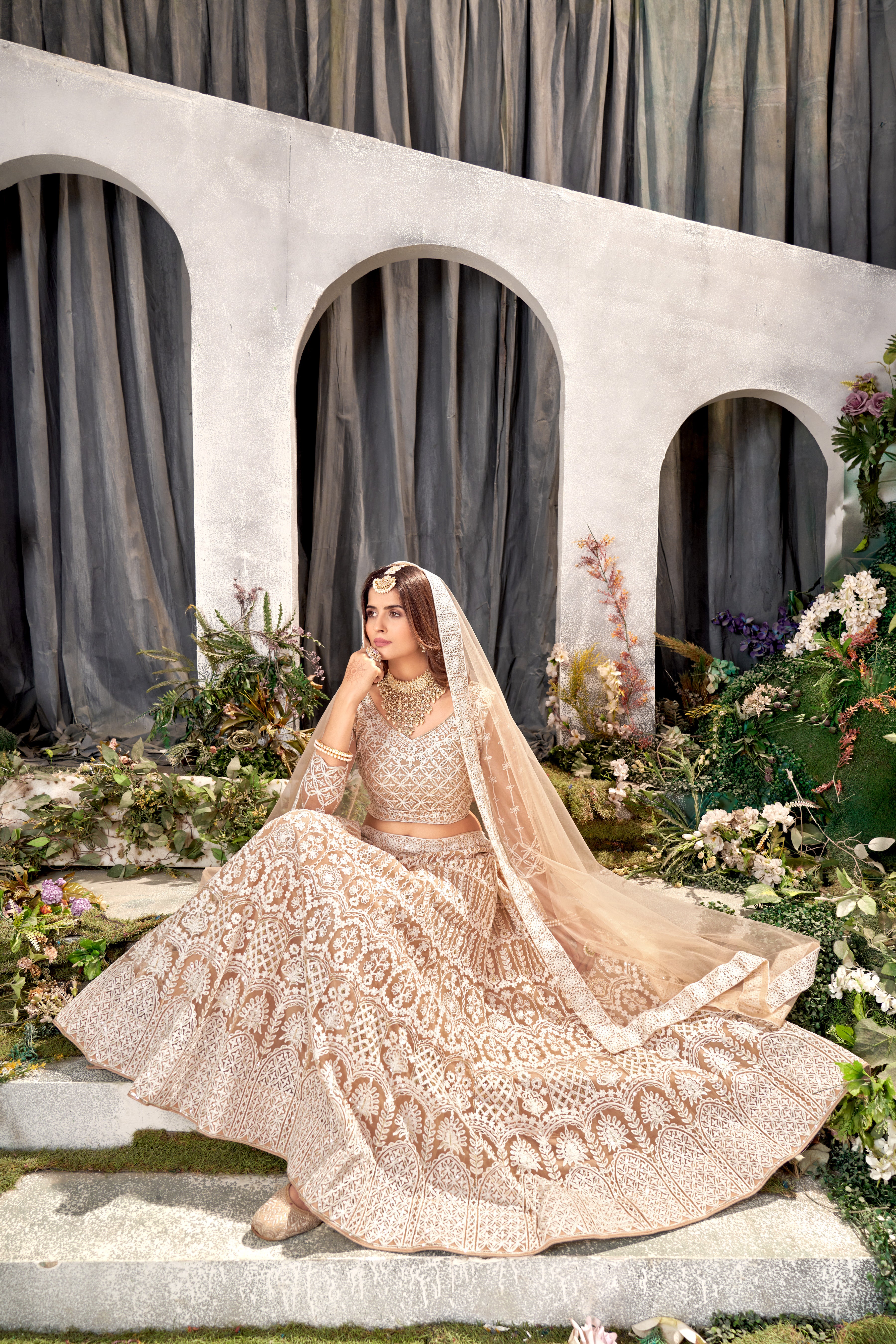 Beige Net Lehenga Choli with Beautiful Embroidery – Elegant Ethnic Wear for Weddings & Parties