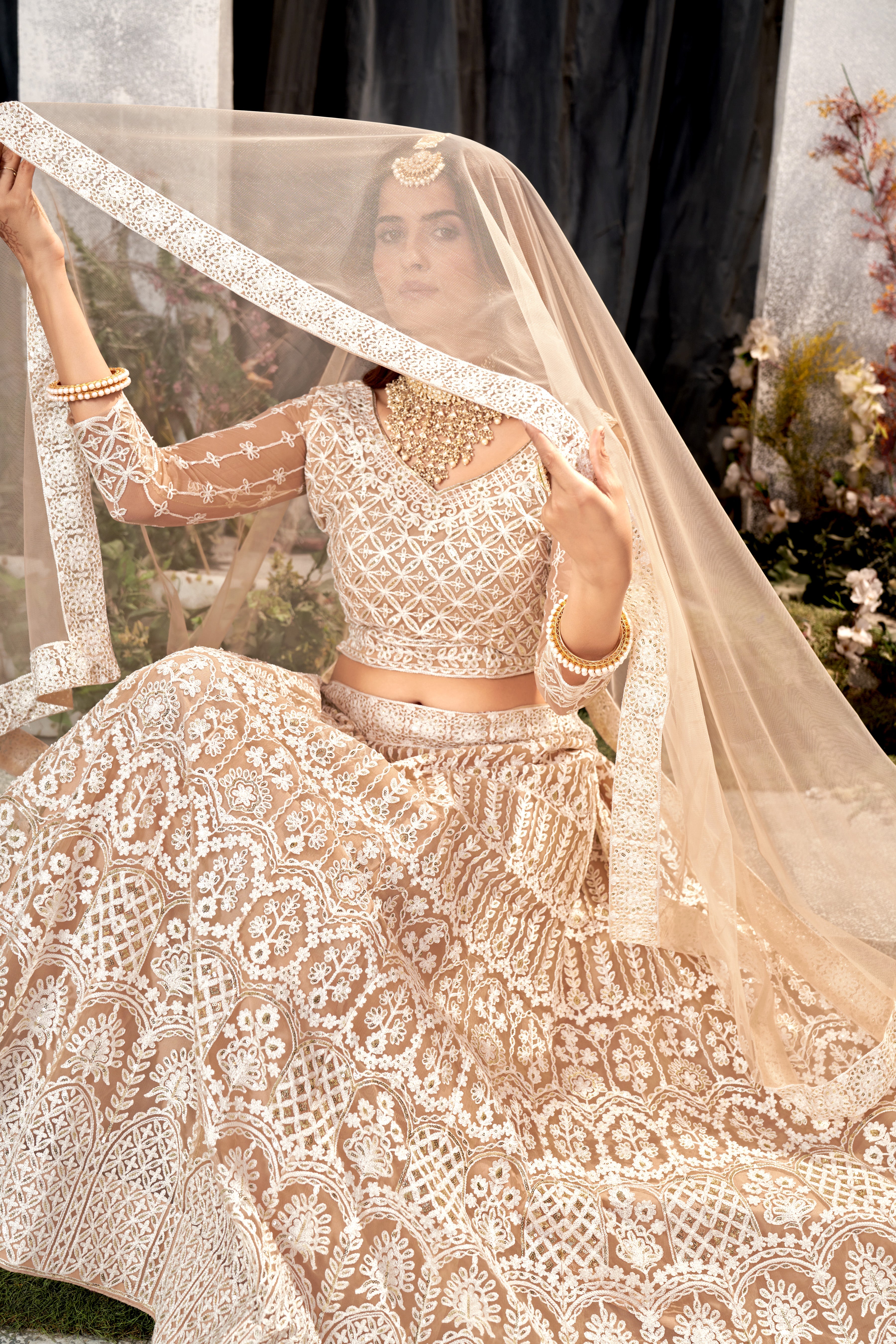 Beige Net Lehenga Choli with Beautiful Embroidery – Elegant Ethnic Wear for Weddings & Parties
