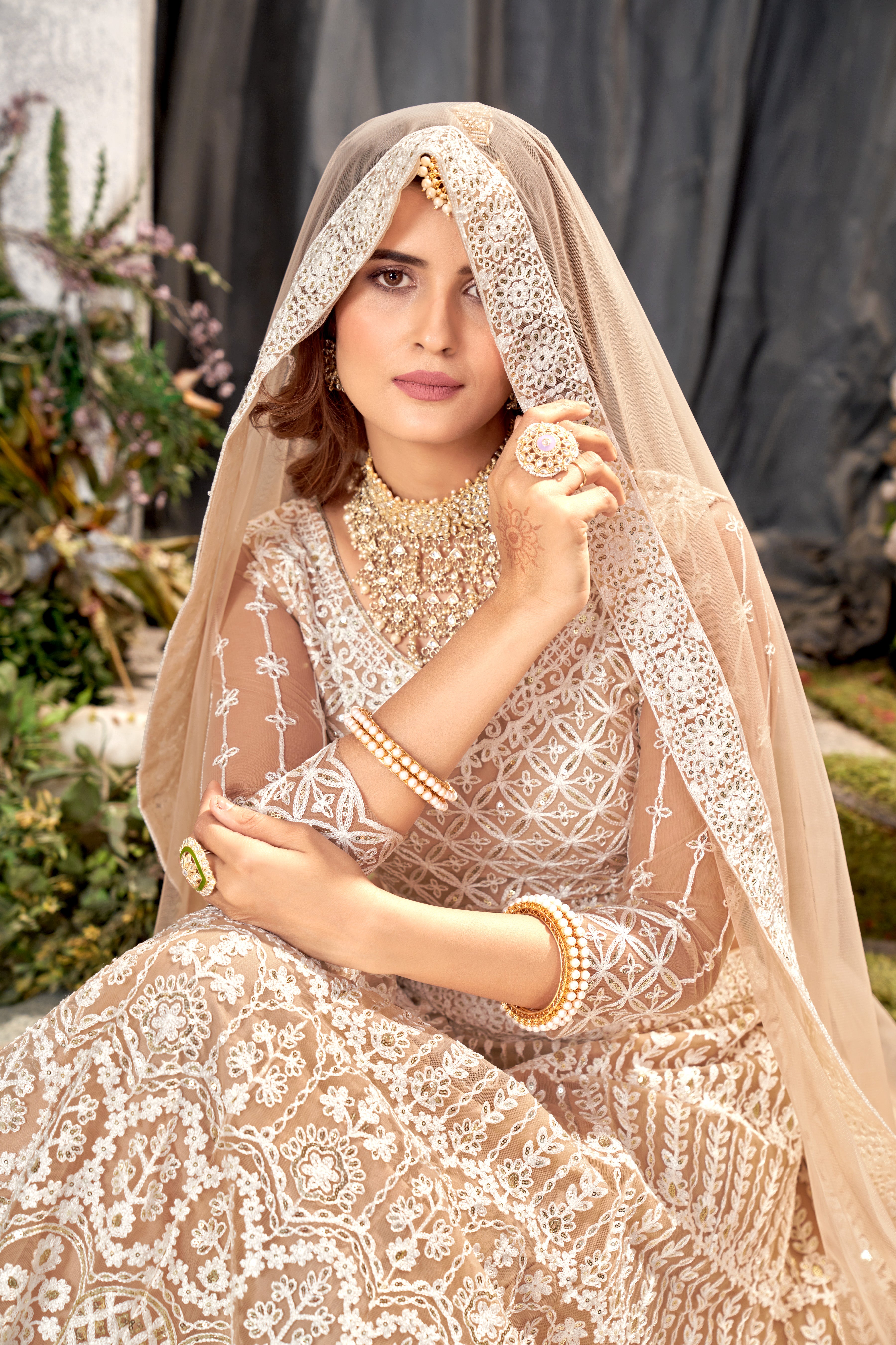 Beige Net Lehenga Choli with Beautiful Embroidery – Elegant Ethnic Wear for Weddings & Parties