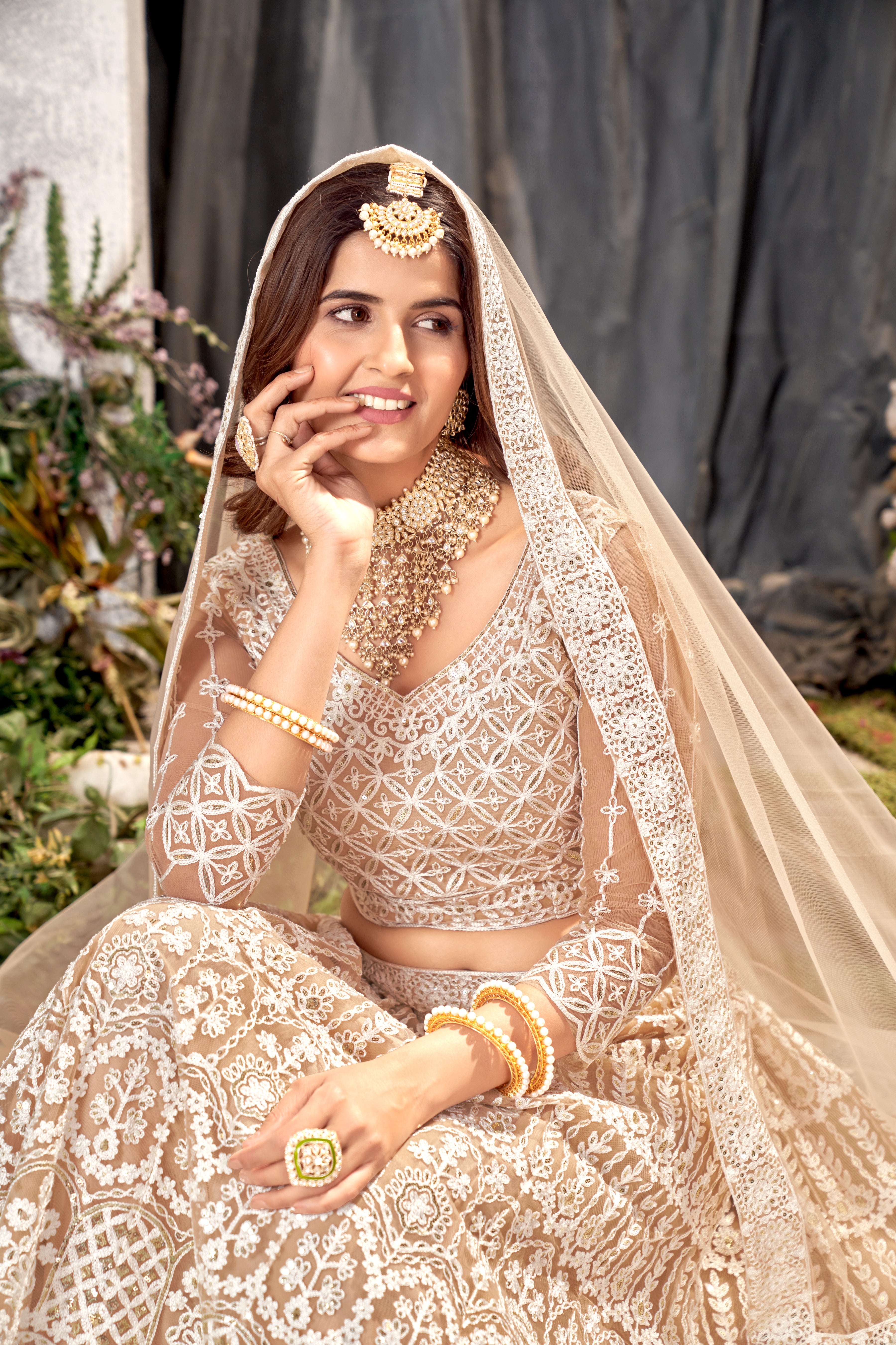 Beige Net Lehenga Choli with Beautiful Embroidery – Elegant Ethnic Wear for Weddings & Parties