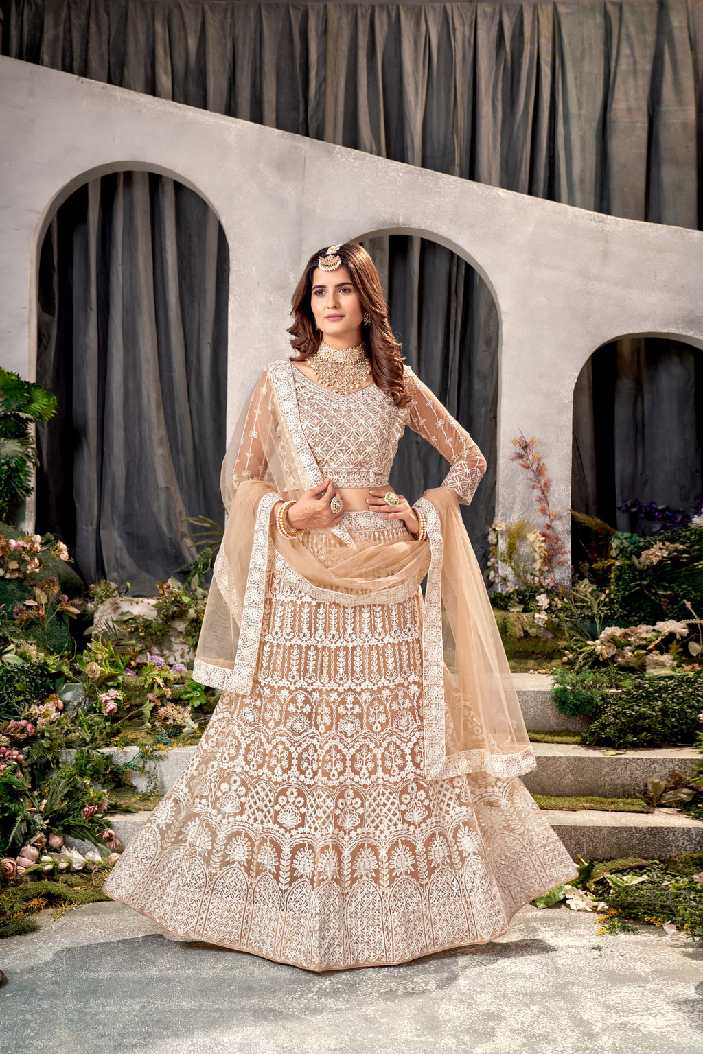 Beige Net Lehenga Choli with Beautiful Embroidery – Elegant Ethnic Wear for Weddings & Parties