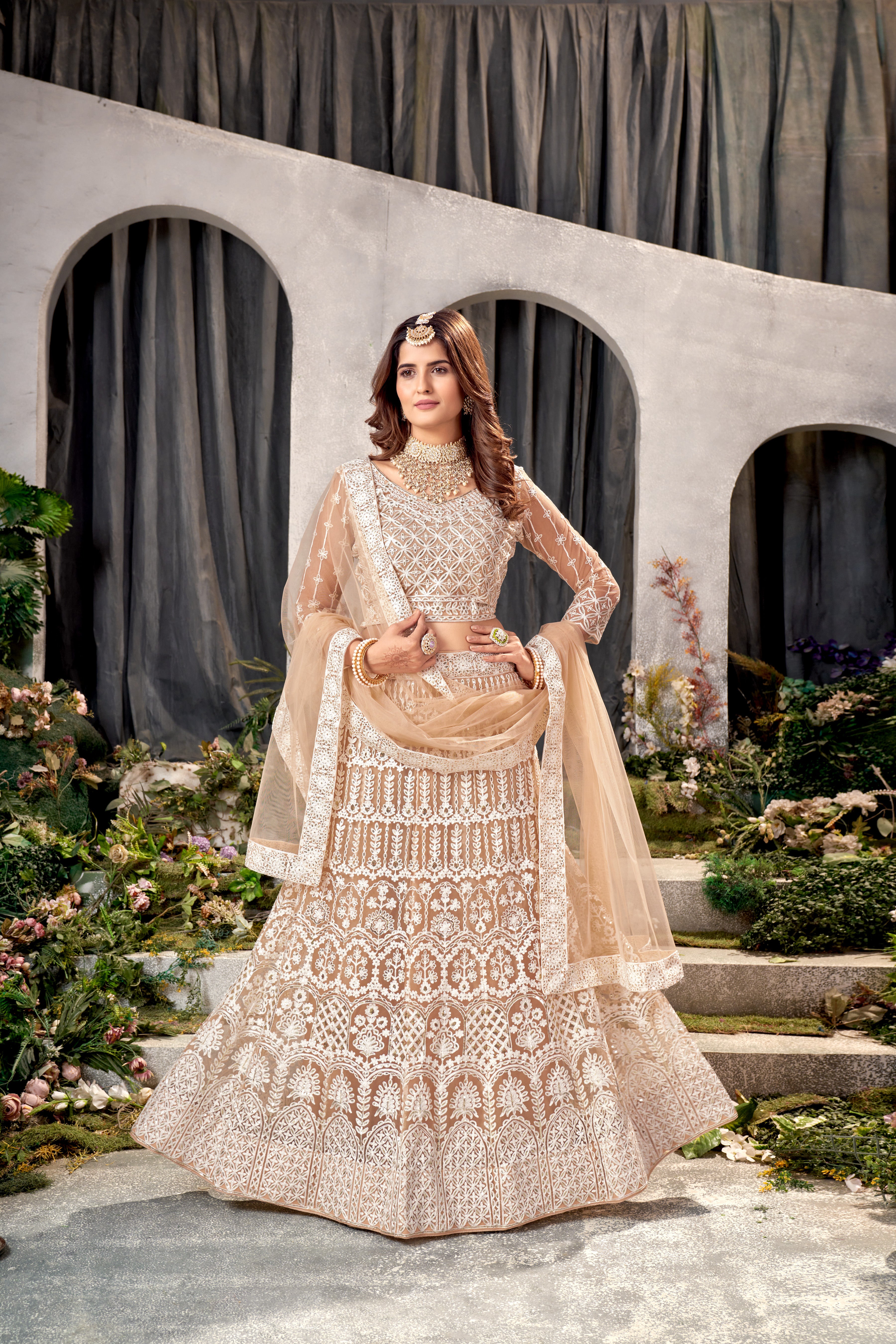 Beige Net Lehenga Choli with Beautiful Embroidery – Elegant Ethnic Wear for Weddings & Parties