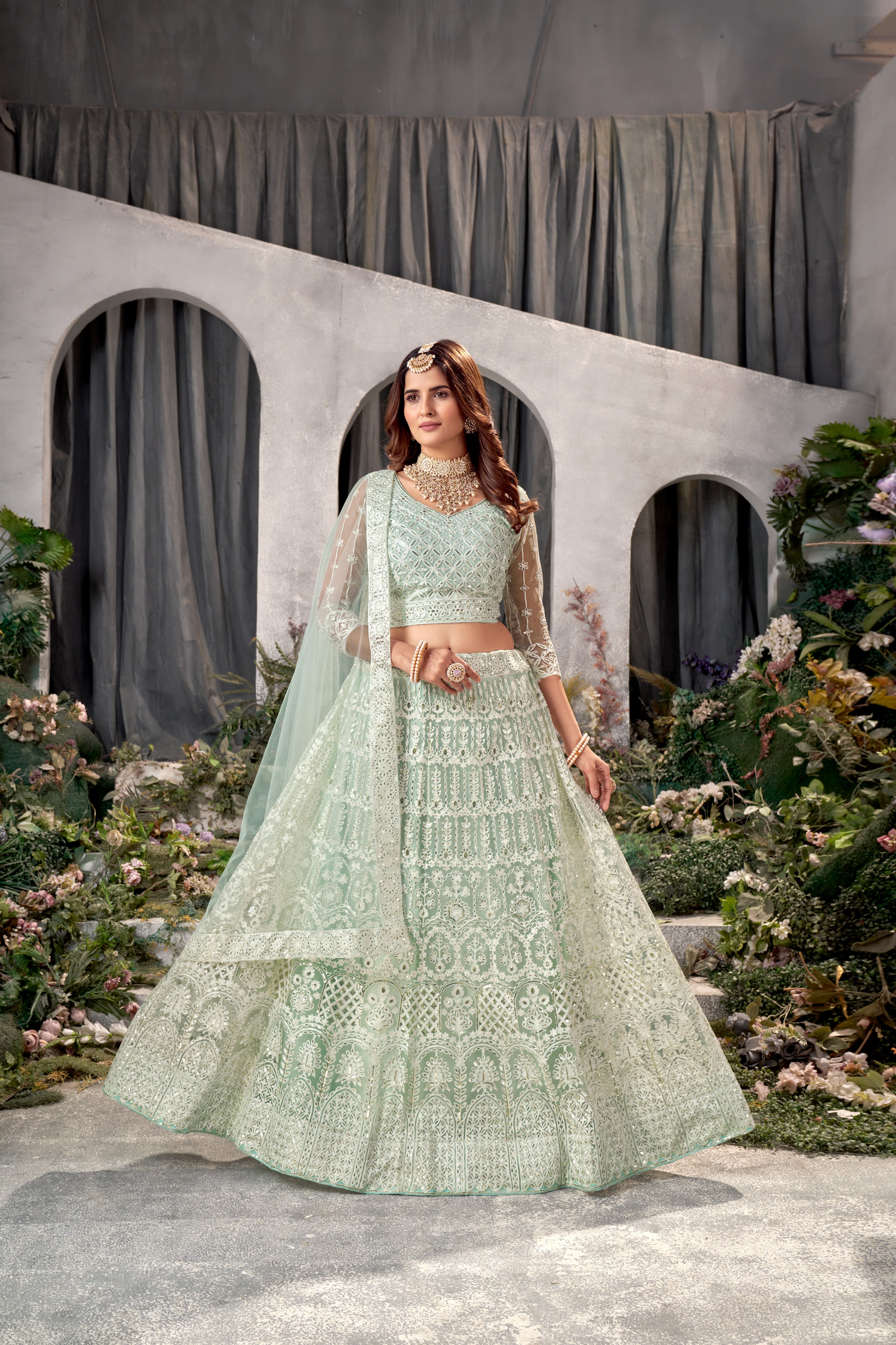 Pista Net Lehenga Choli with Beautiful Embroidery – Elegant Ethnic Wear for Weddings & Parties