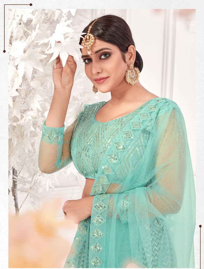 Sea Green Party-Style Net Lehenga Choli with Zari & Embroidery Work – Stylish Ethnic Wear for Women