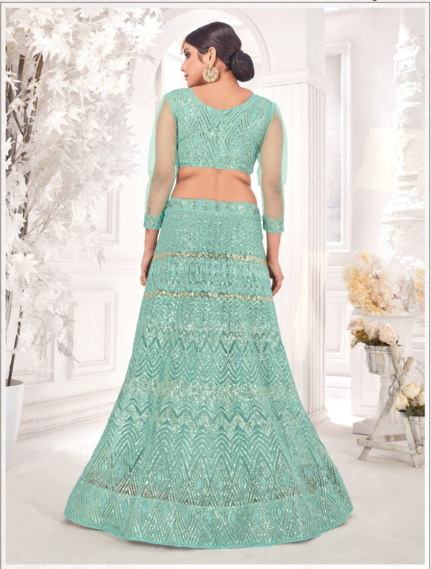 Sea Green Party-Style Net Lehenga Choli with Zari & Embroidery Work – Stylish Ethnic Wear for Women