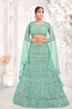 Sea Green Party-Style Net Lehenga Choli with Zari & Embroidery Work – Stylish Ethnic Wear for Women