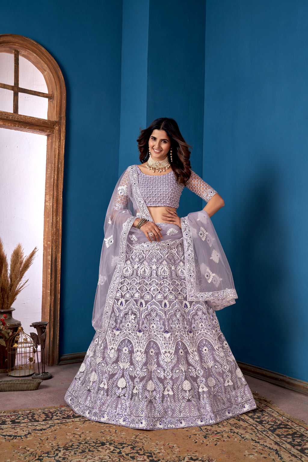 Lavender Net Lehenga Choli for Weddings – Elegant Embroidered Ethnic Wear with Dupatta