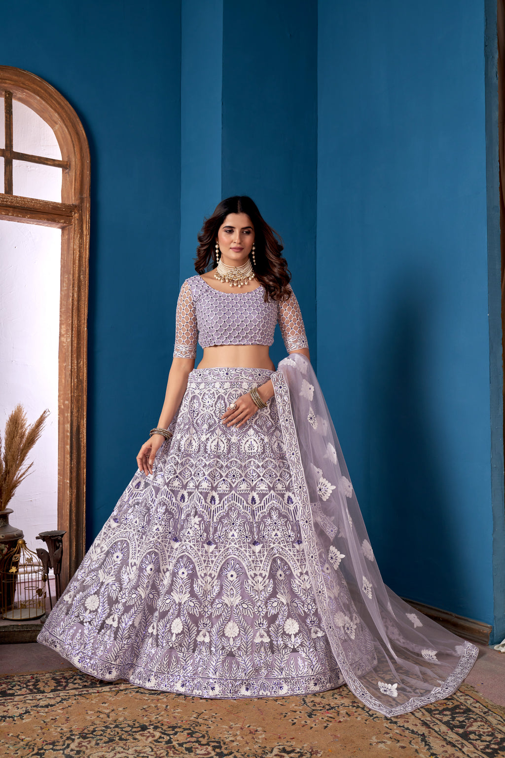 Lavender Net Lehenga Choli for Weddings – Elegant Embroidered Ethnic Wear with Dupatta