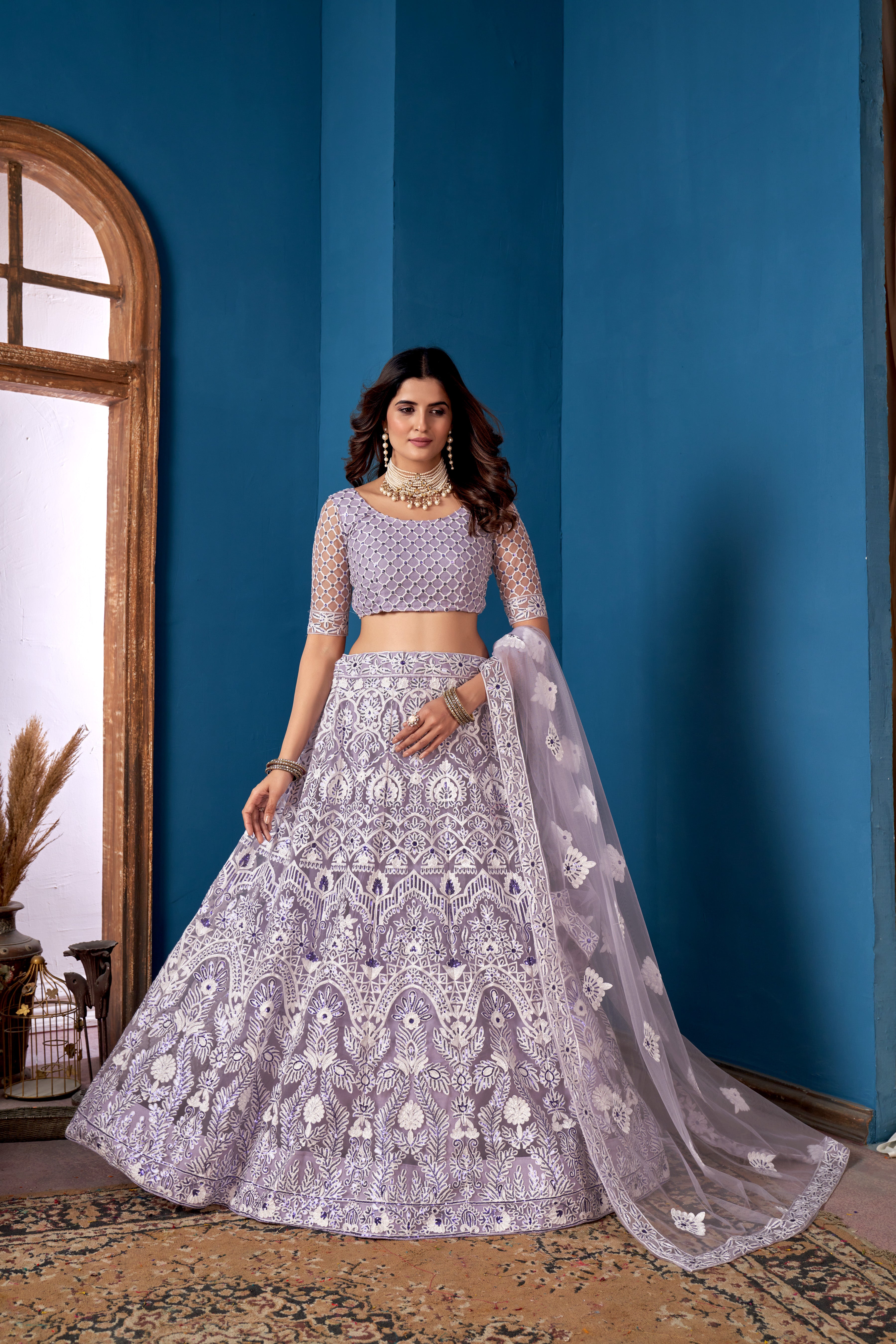 Lavender Net Lehenga Choli for Weddings – Elegant Embroidered Ethnic Wear with Dupatta
