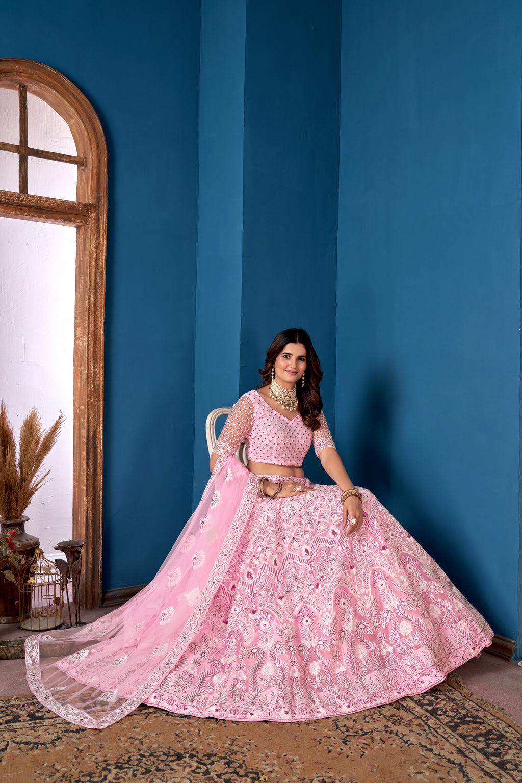 Pink Net Lehenga Choli for Weddings – Elegant Embroidered Ethnic Wear with Dupatta