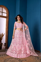 Pink Net Lehenga Choli for Weddings – Elegant Embroidered Ethnic Wear with Dupatta