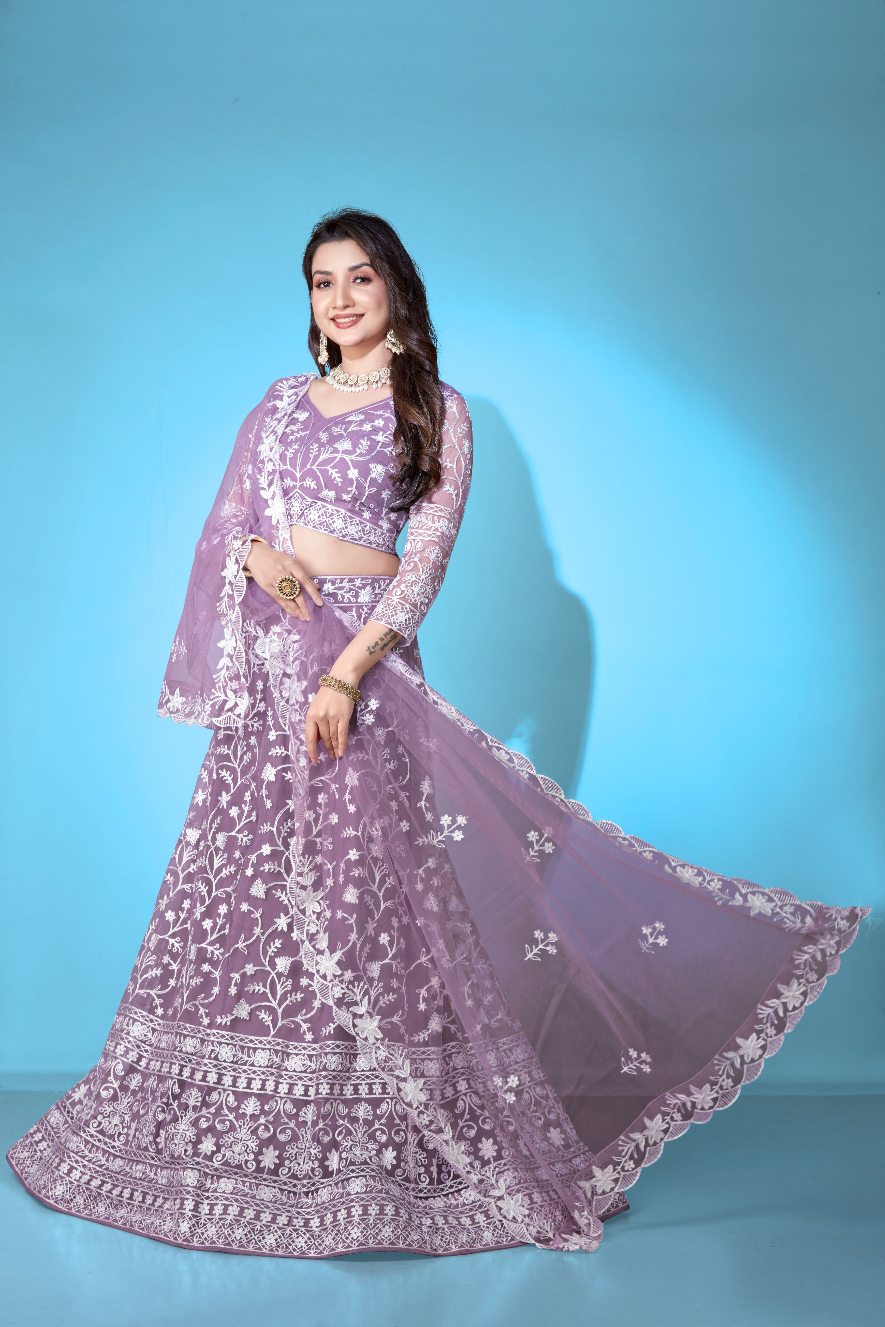 Lavender Net Lehenga Choli for Women – Stylish Embroidered Ethnic Wear with Dupatta