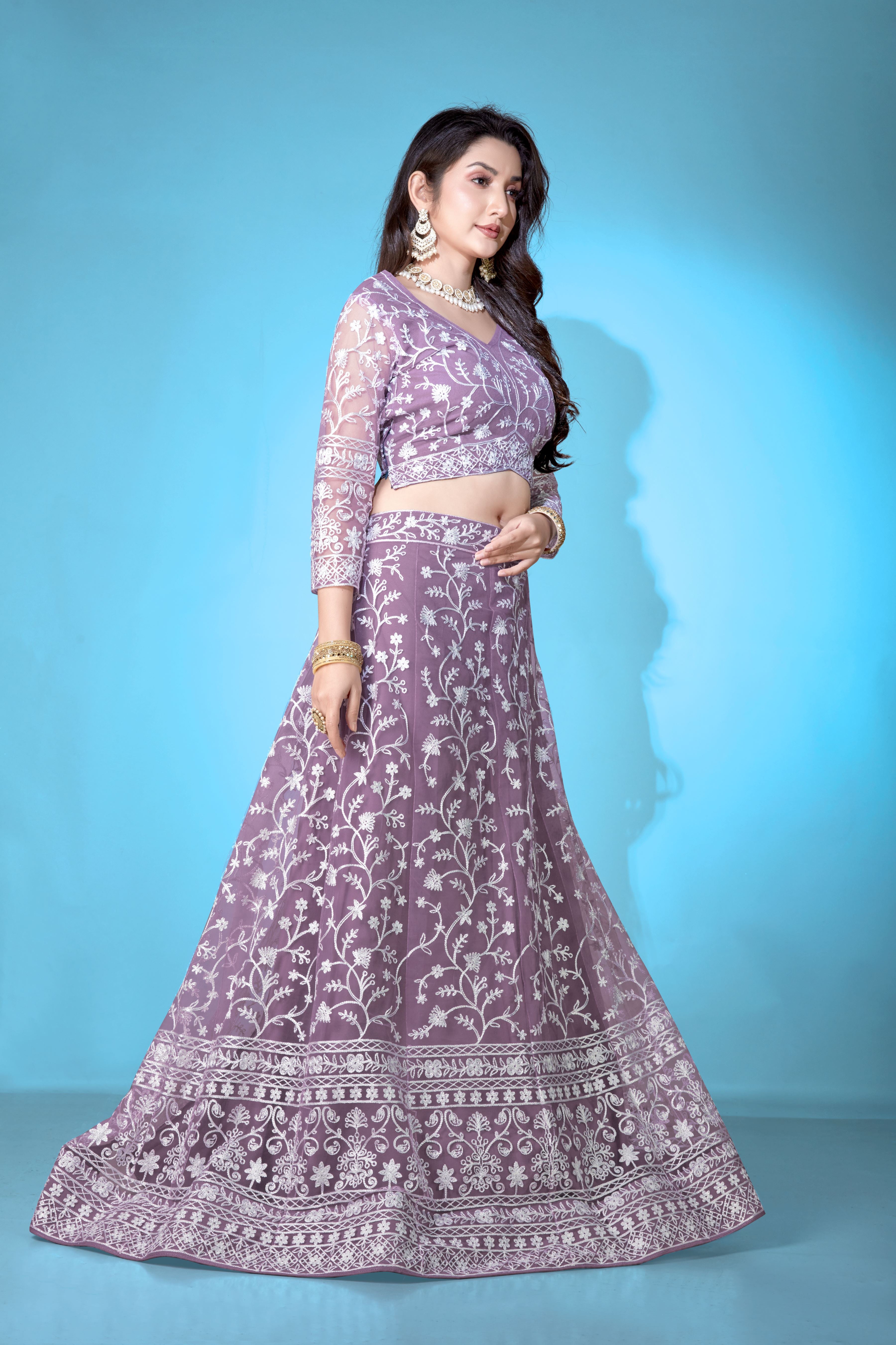 Lavender Net Lehenga Choli for Women – Stylish Embroidered Ethnic Wear with Dupatta