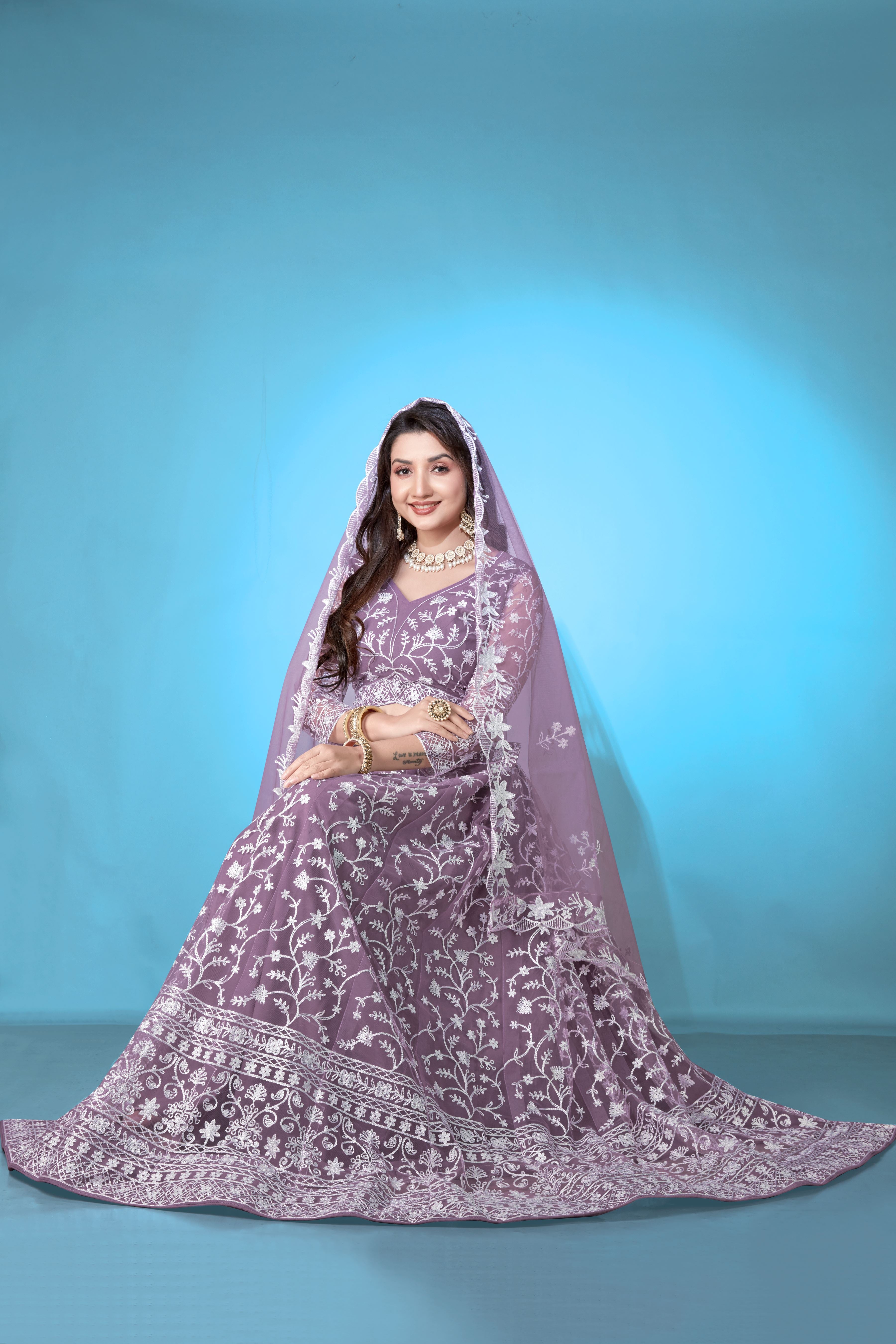 Lavender Net Lehenga Choli for Women – Stylish Embroidered Ethnic Wear with Dupatta