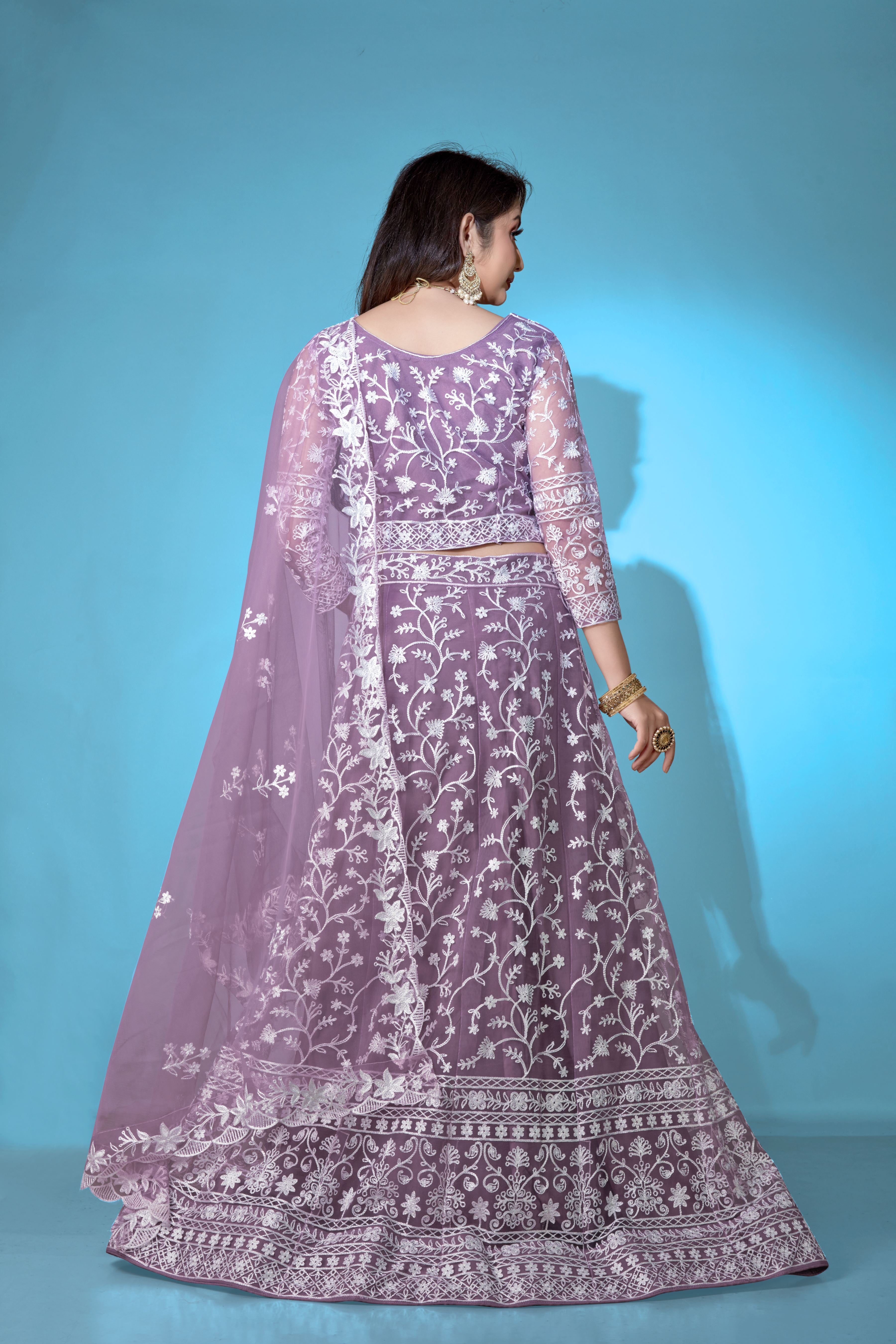 Lavender Net Lehenga Choli for Women – Stylish Embroidered Ethnic Wear with Dupatta