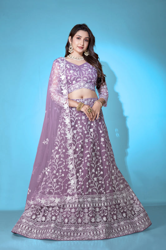 Lavender Net Lehenga Choli for Women – Stylish Embroidered Ethnic Wear with Dupatta