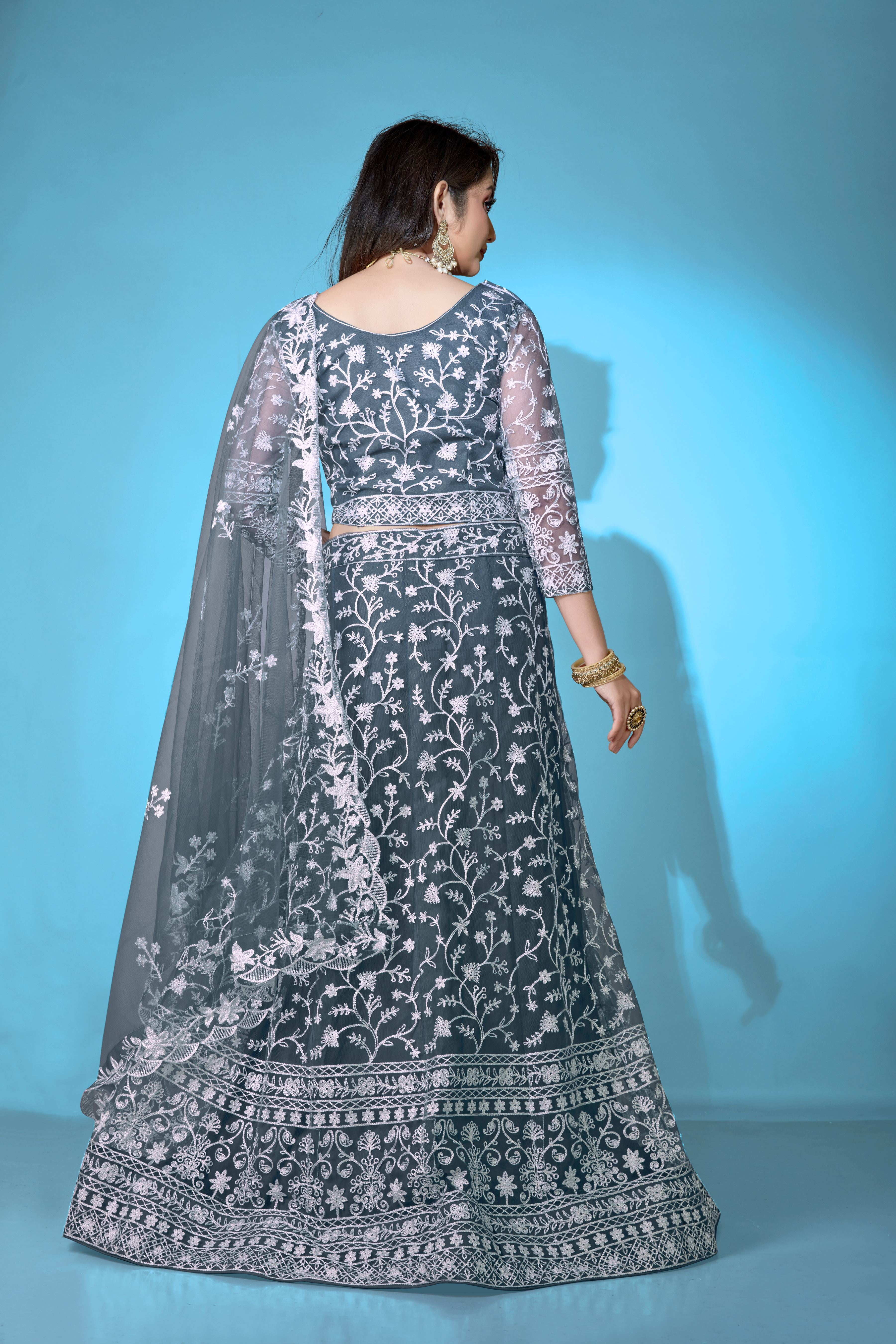 Grey Net Lehenga Choli for Women – Stylish Embroidered Ethnic Wear with Dupatta