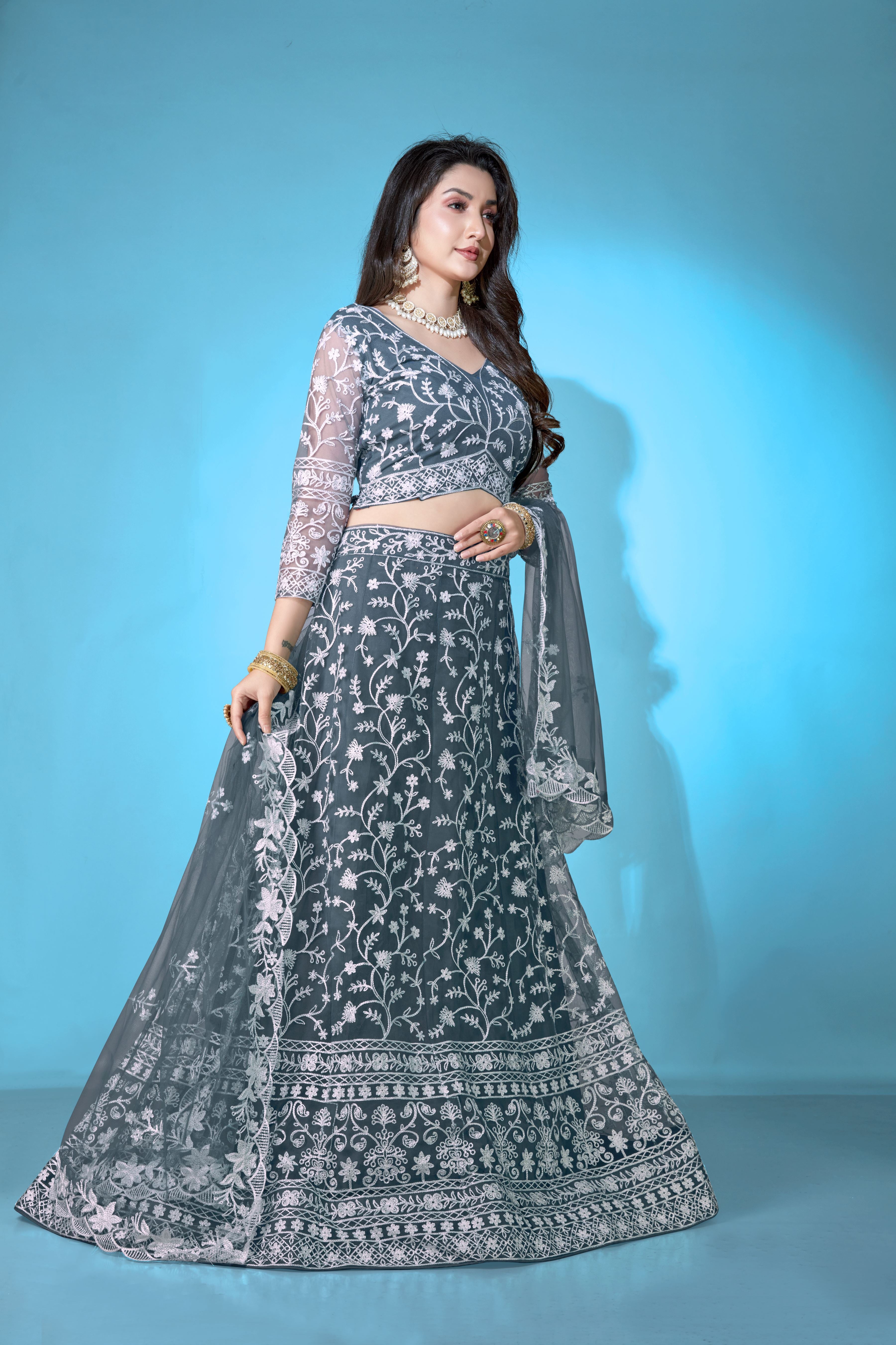 Grey Net Lehenga Choli for Women – Stylish Embroidered Ethnic Wear with Dupatta