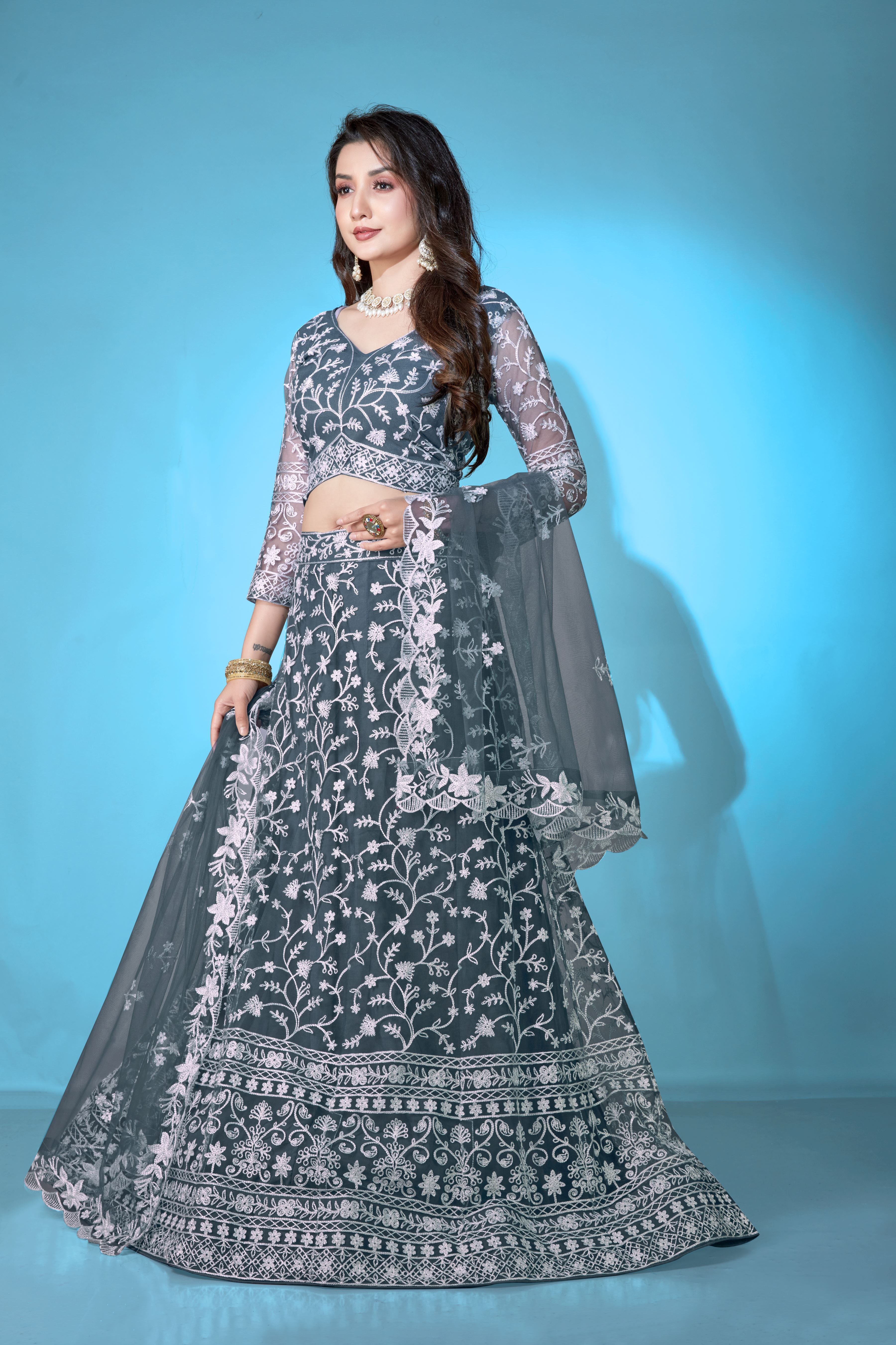 Grey Net Lehenga Choli for Women – Stylish Embroidered Ethnic Wear with Dupatta