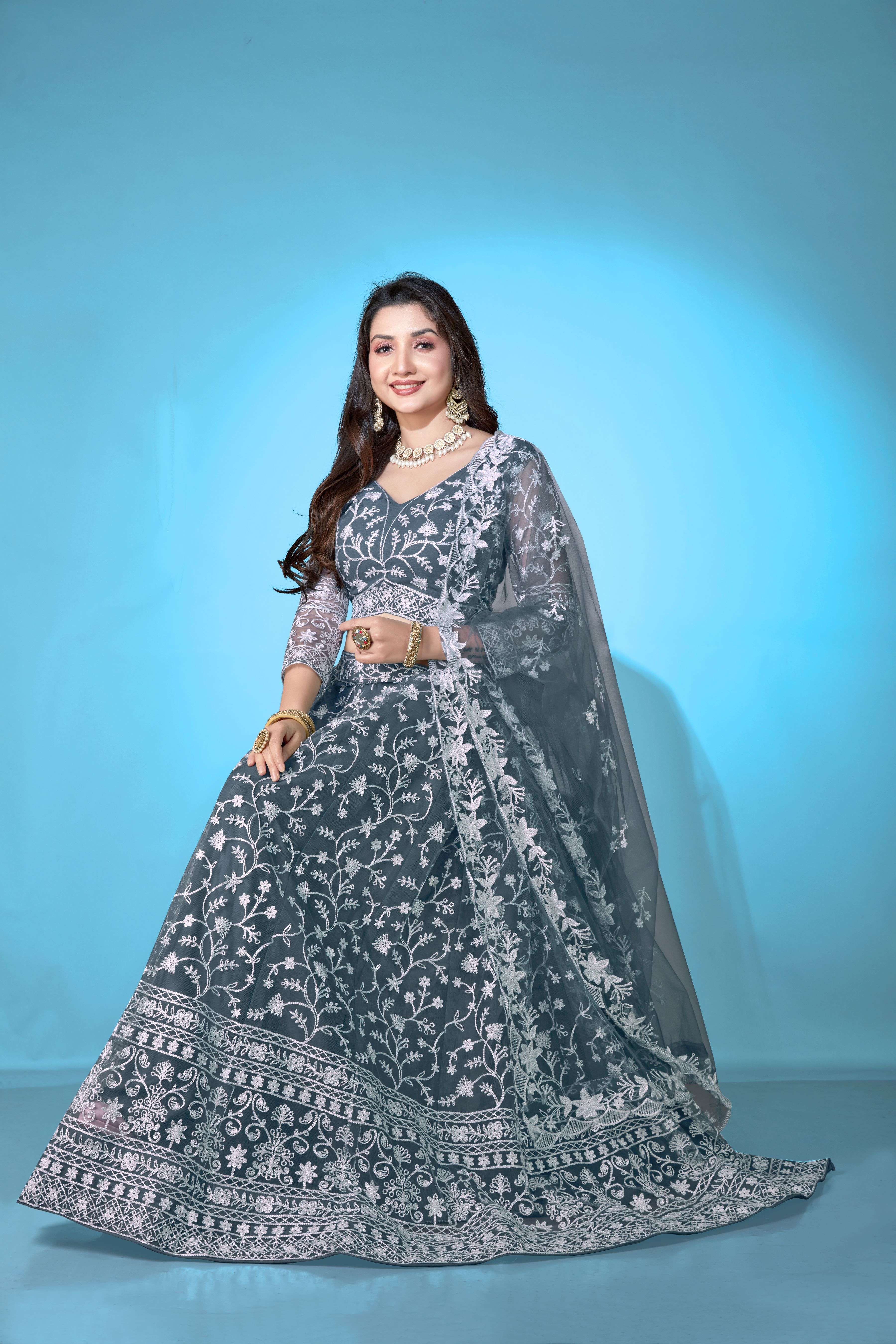 Grey Net Lehenga Choli for Women – Stylish Embroidered Ethnic Wear with Dupatta