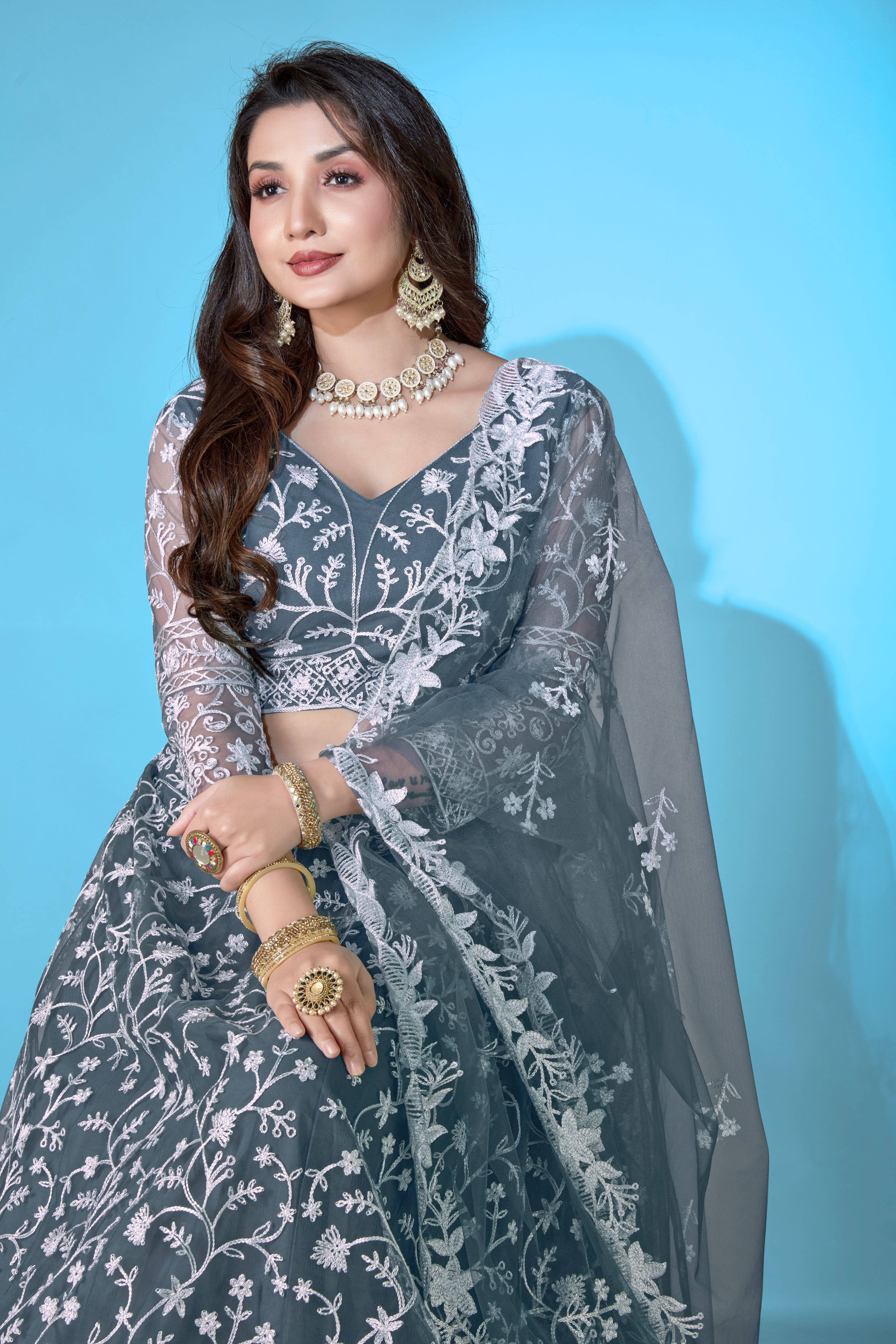 Grey Net Lehenga Choli for Women – Stylish Embroidered Ethnic Wear with Dupatta