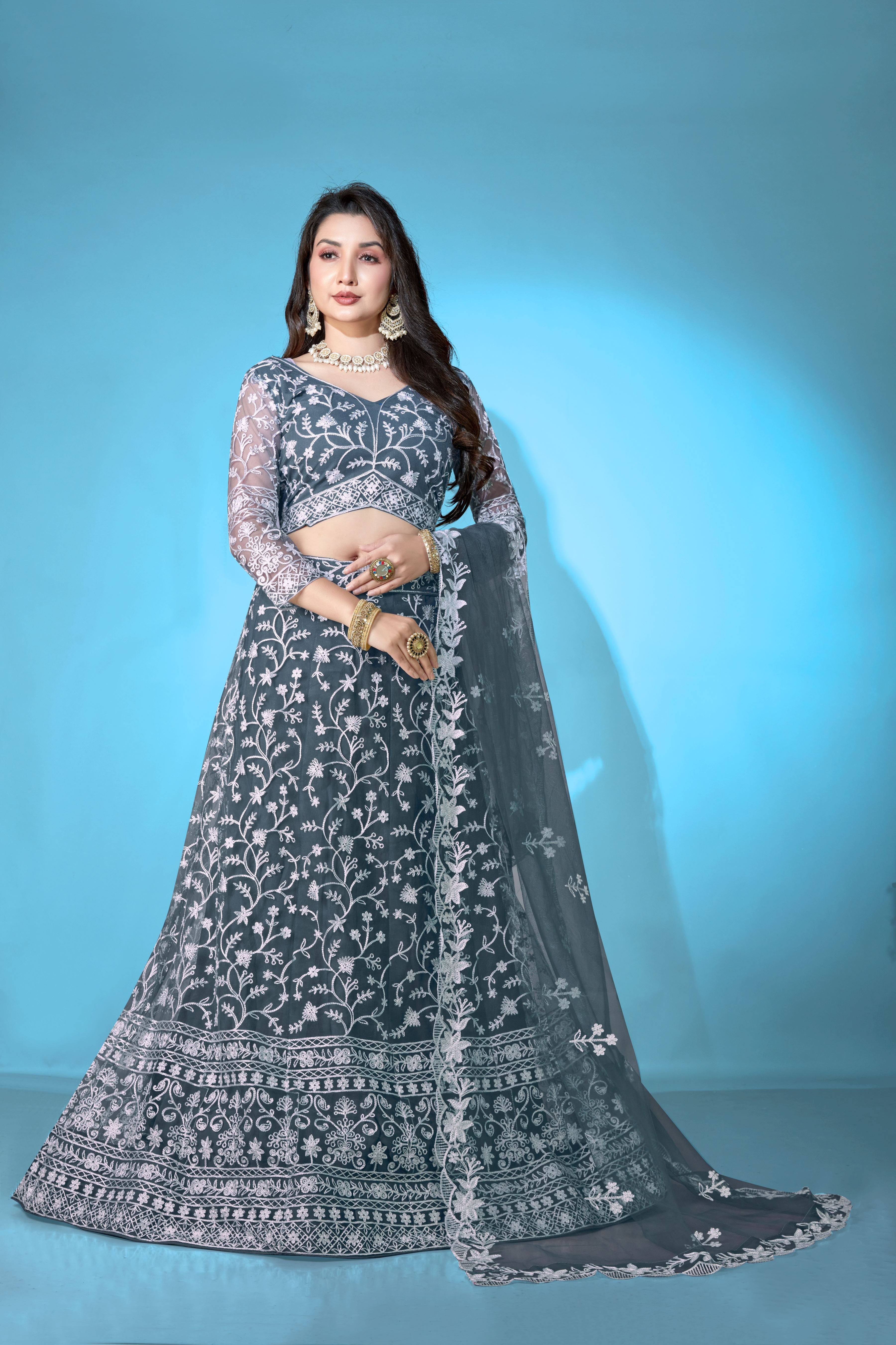 Grey Net Lehenga Choli for Women – Stylish Embroidered Ethnic Wear with Dupatta